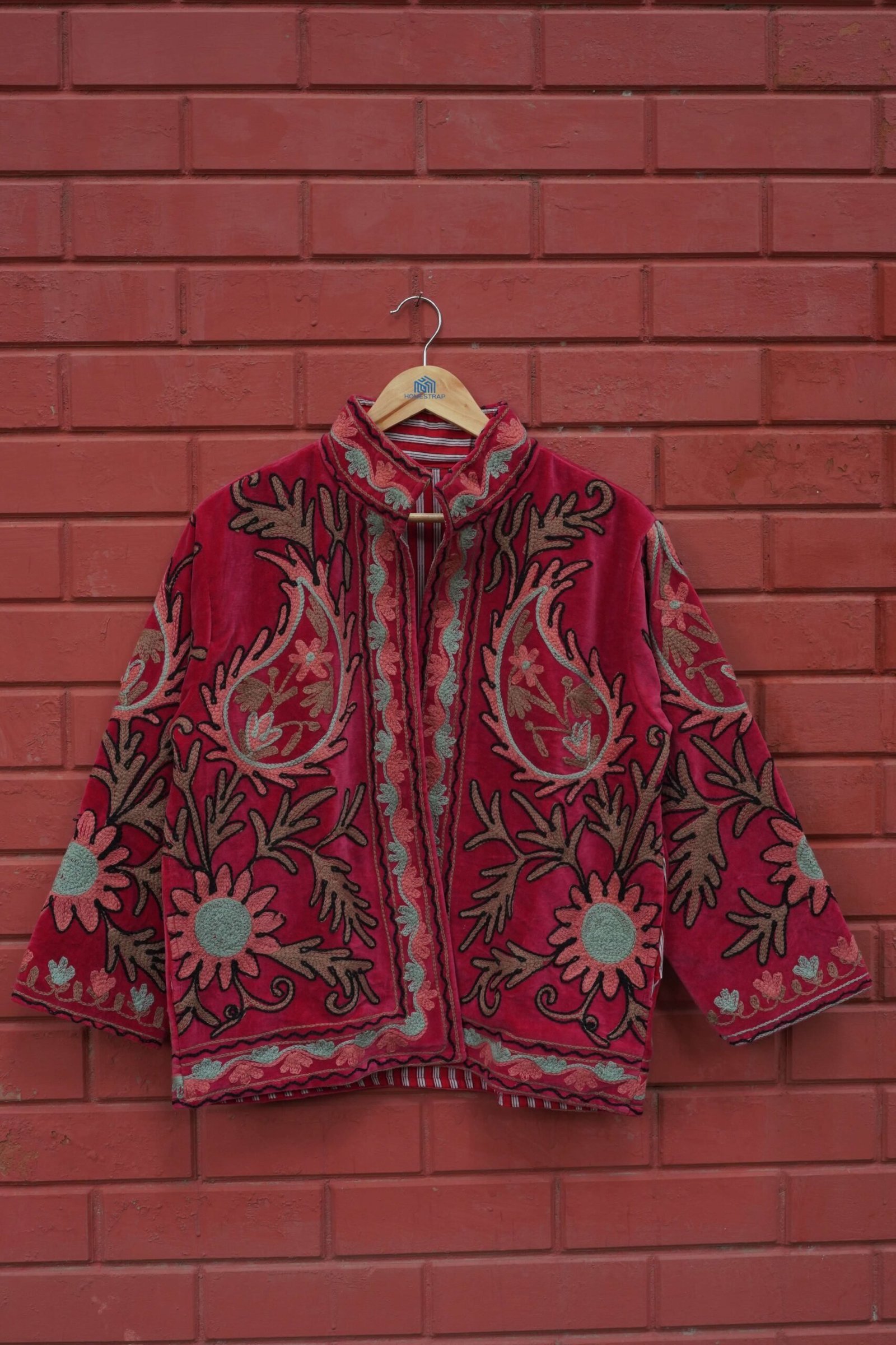 Womens Red Velvet Embroidered Jacket with Floral Design view 2