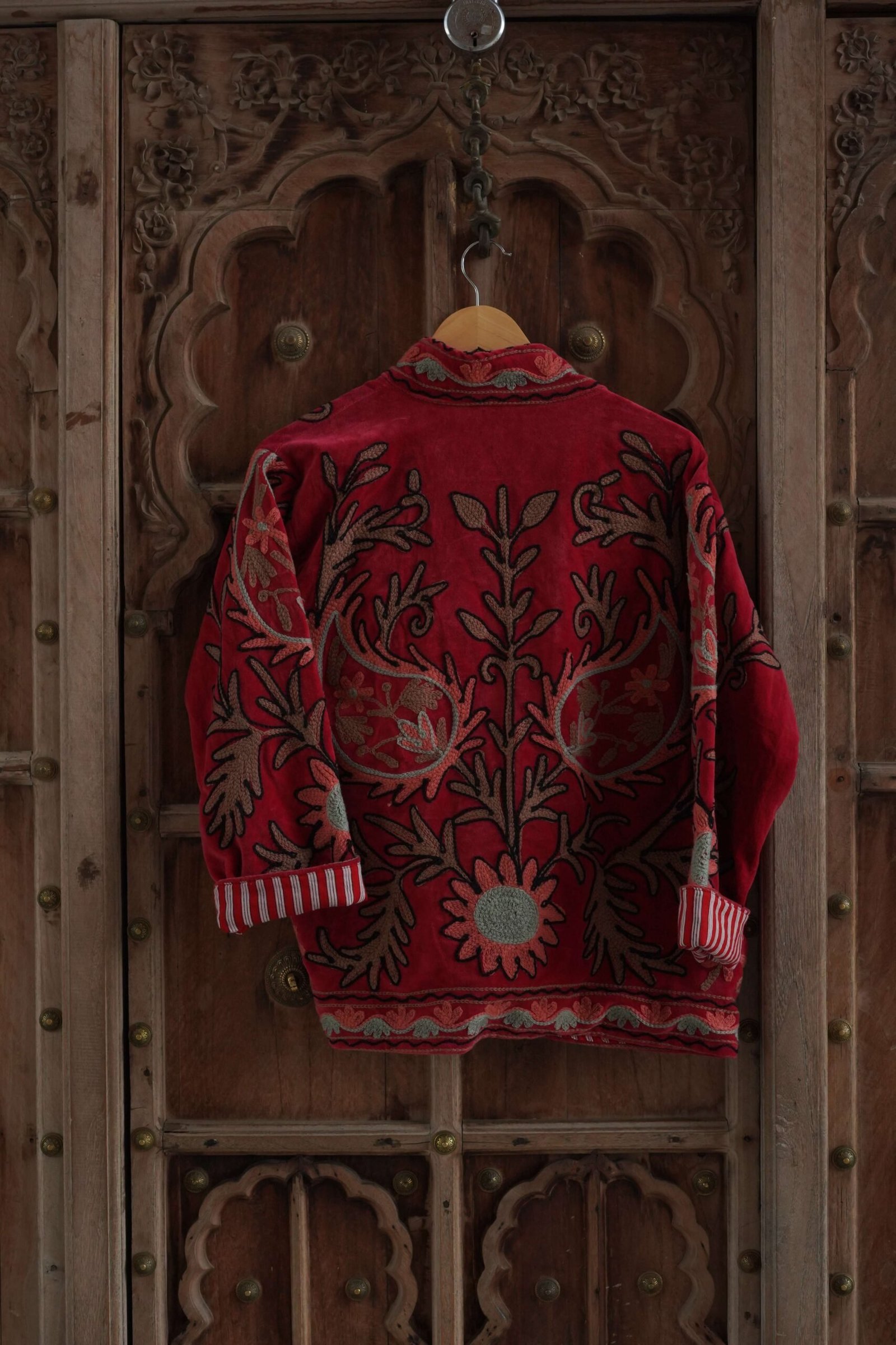Womens Red Velvet Embroidered Jacket with Floral Design view 5