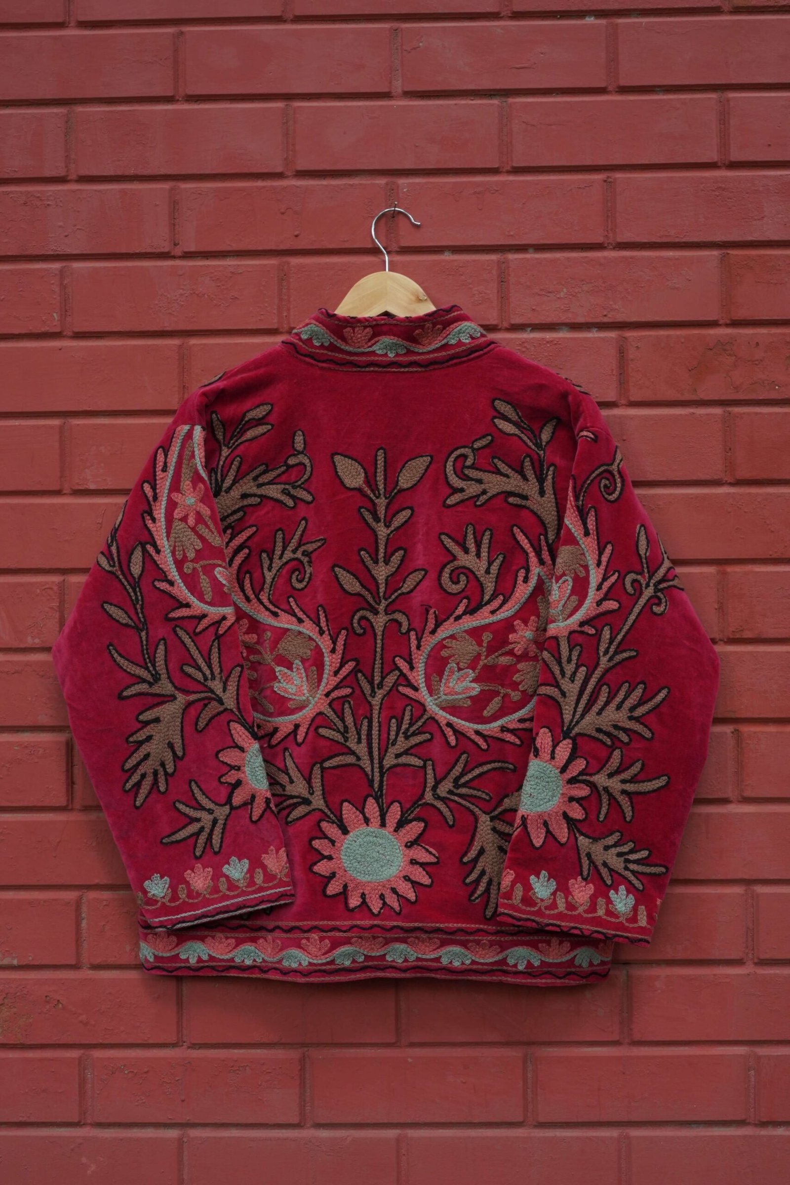 Womens Red Velvet Embroidered Jacket with Floral Design view 4