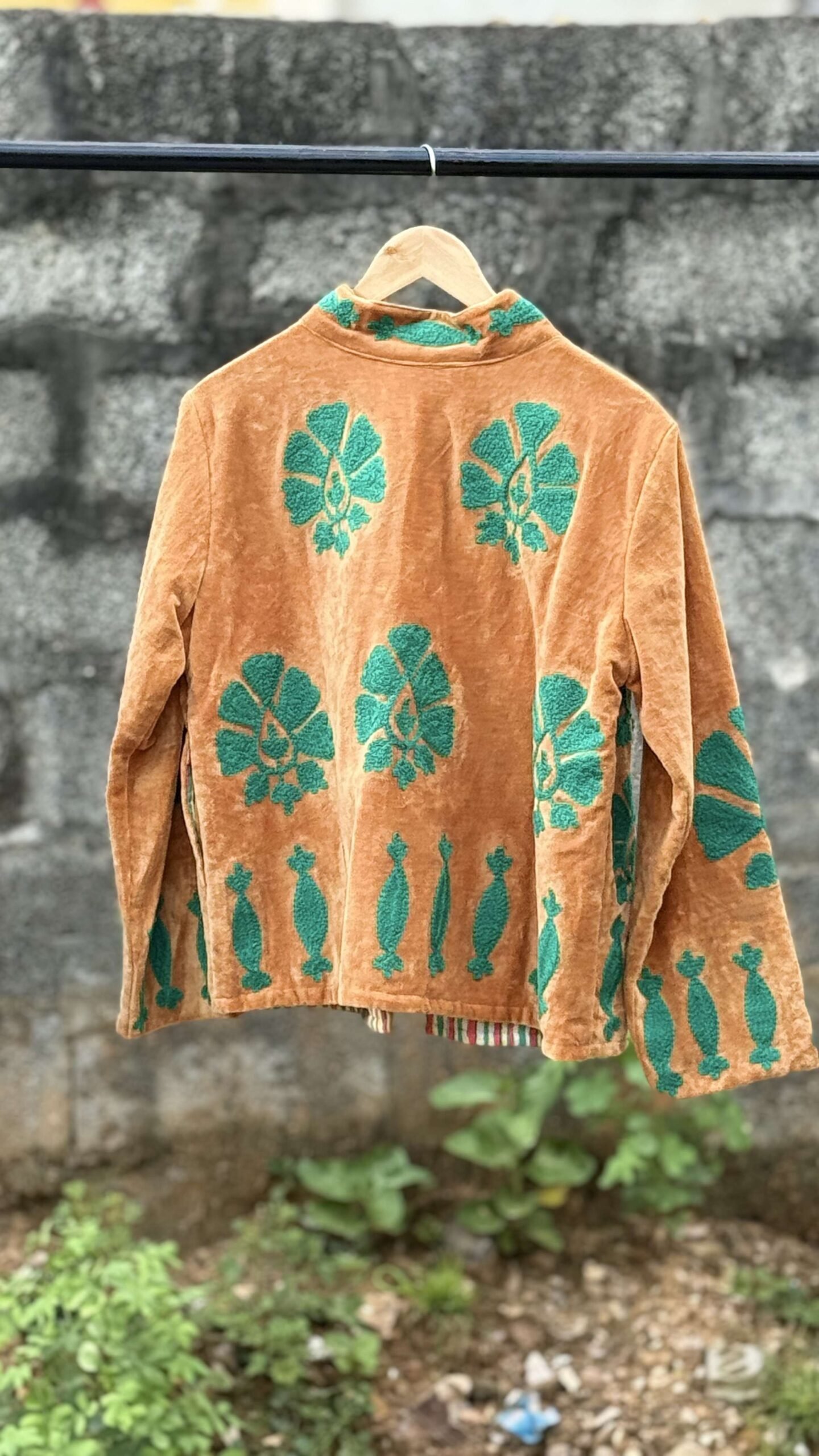 Womens Rust Velvet Embroidered Jacket with Floral Design view 4