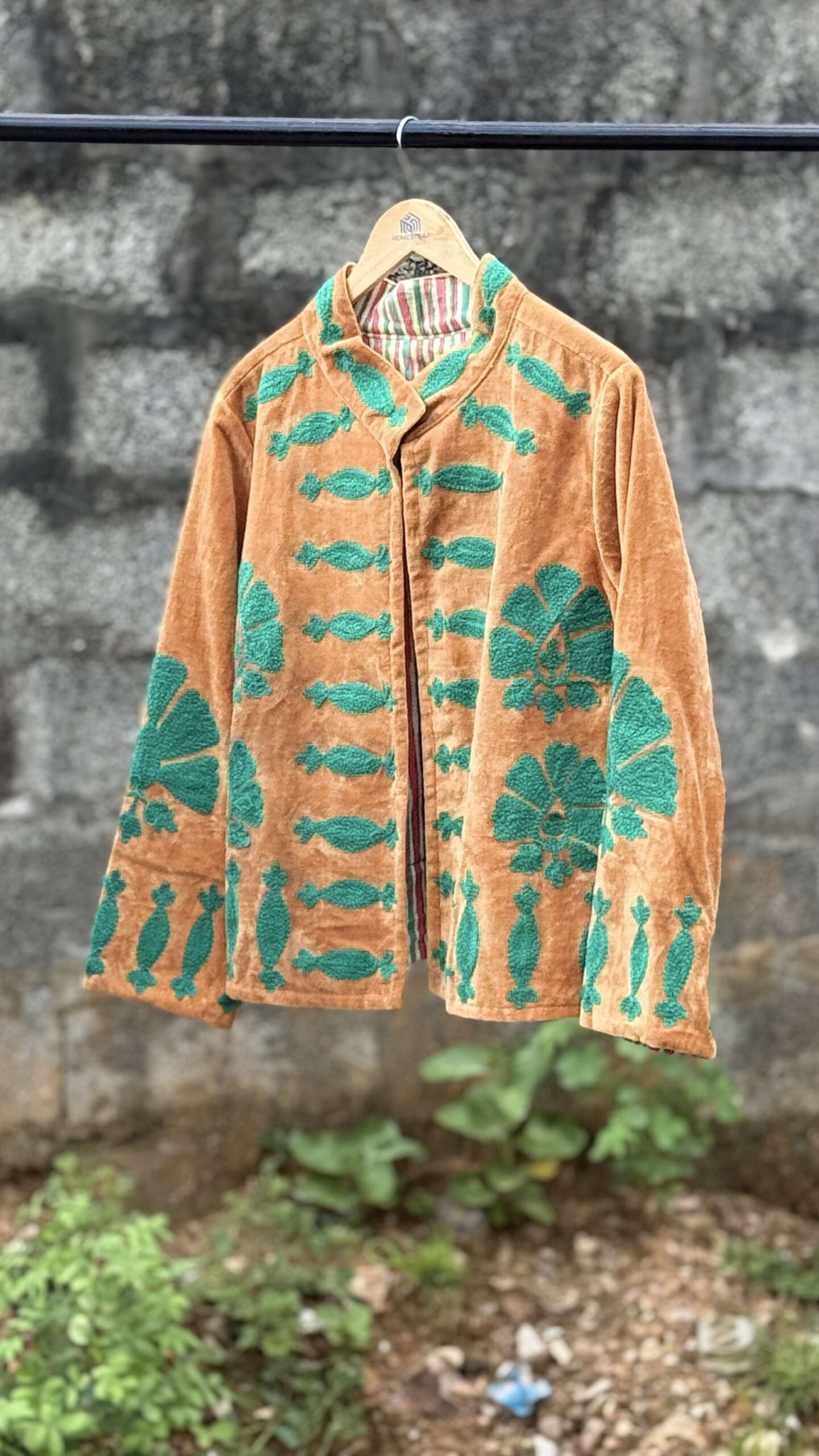 Womens Rust Velvet Embroidered Jacket with Floral Design view 3
