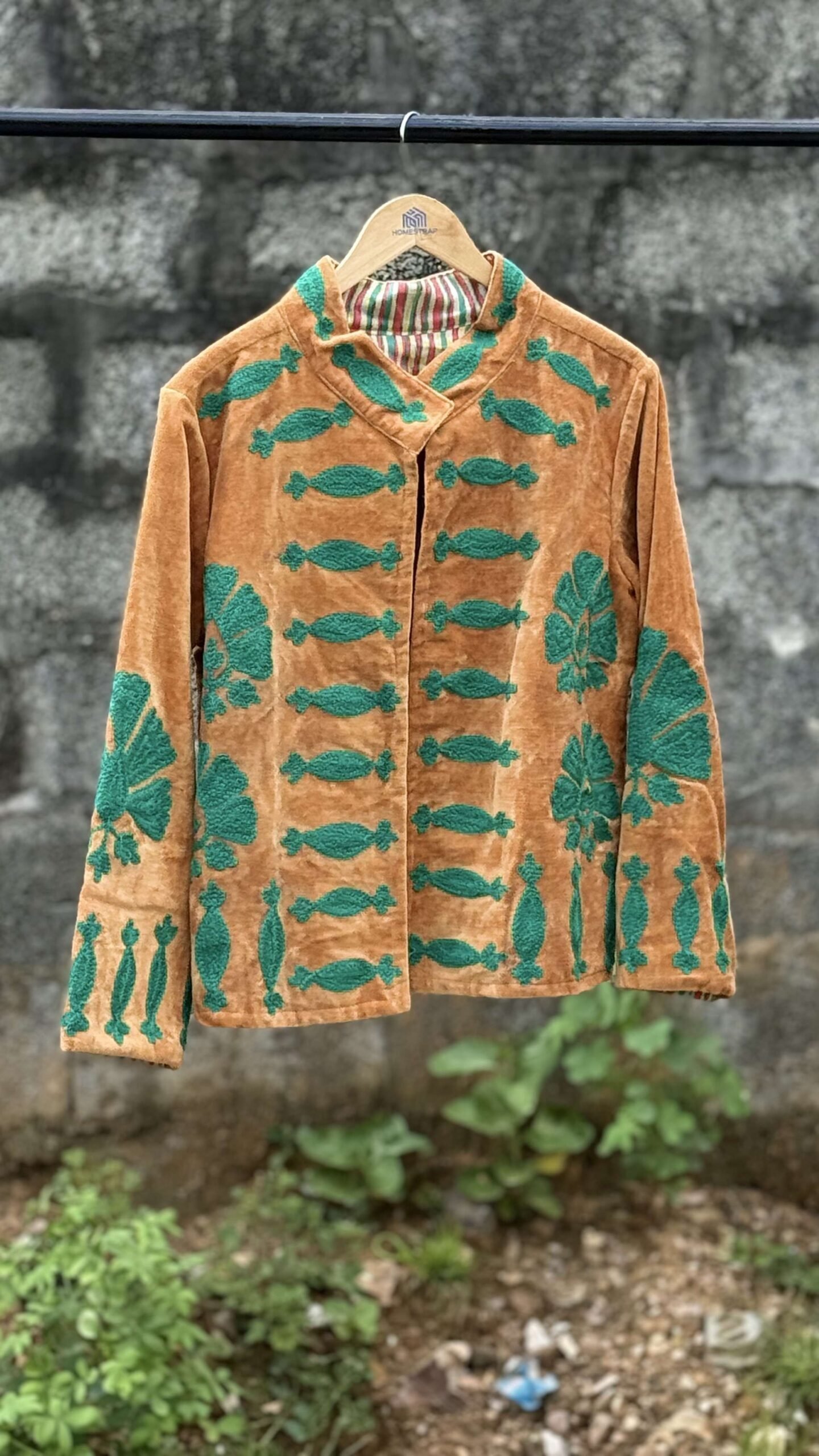 Womens Rust Velvet Embroidered Jacket with Floral Design view 2