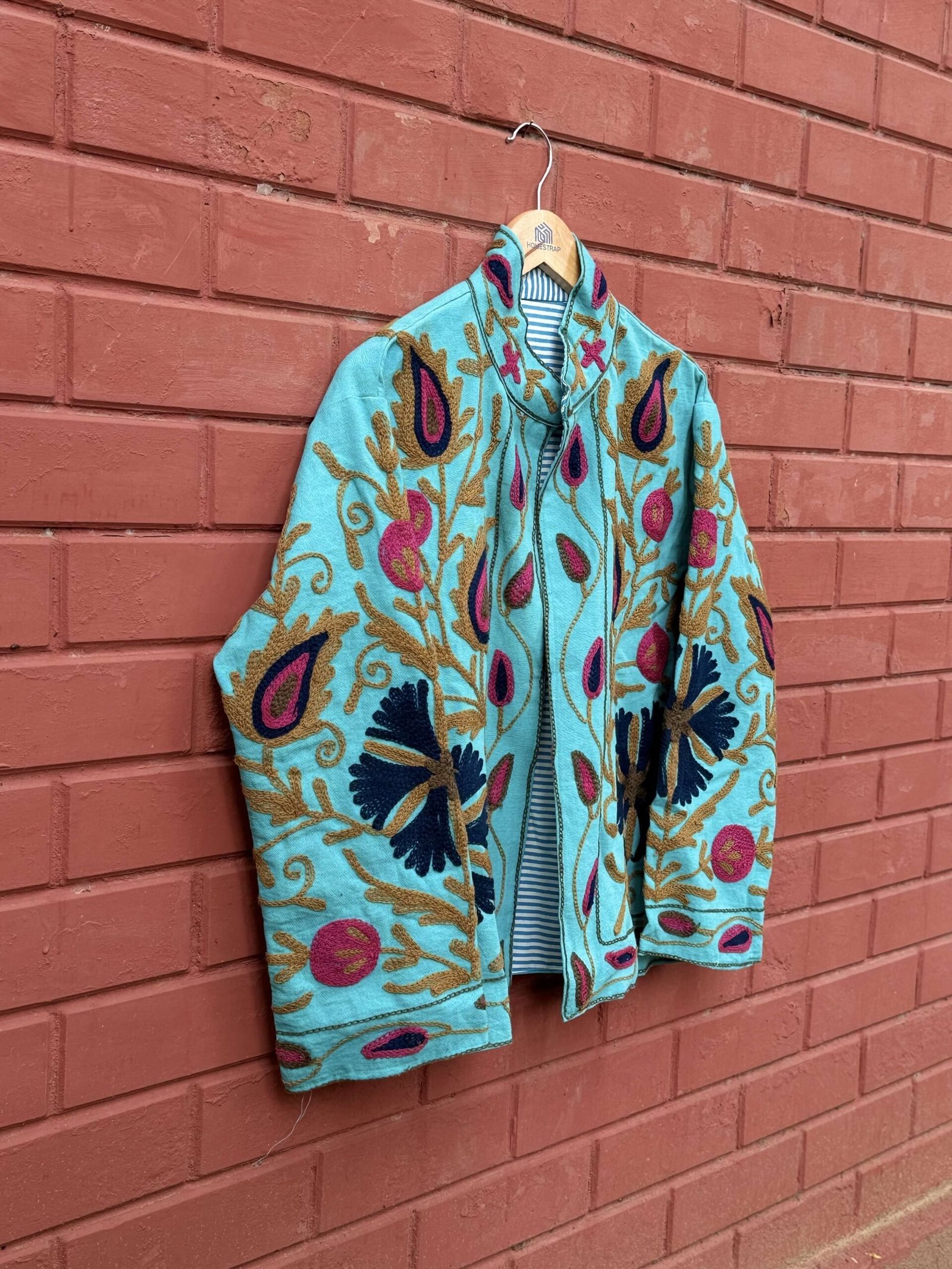 Womens Teal Blue Velvet Embroidered Jacket with Floral Design