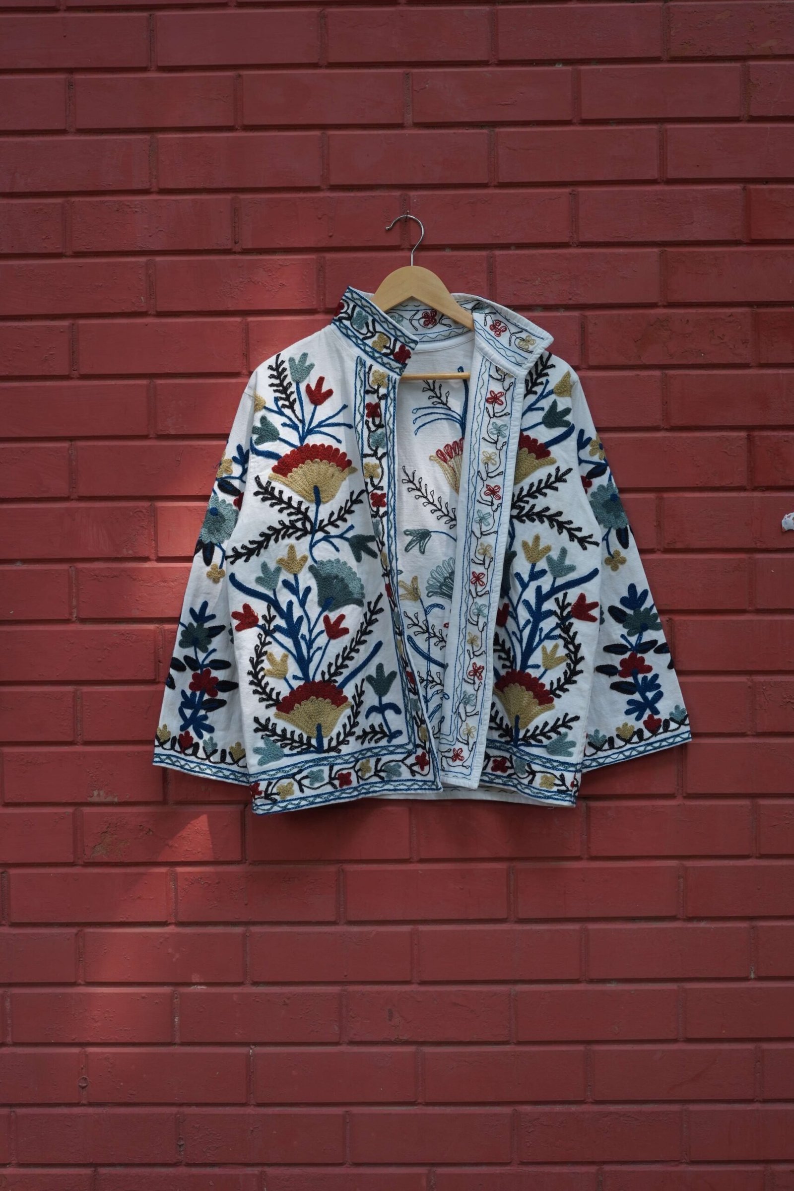 Womens White Velvet Embroidered Jacket with Floral Design