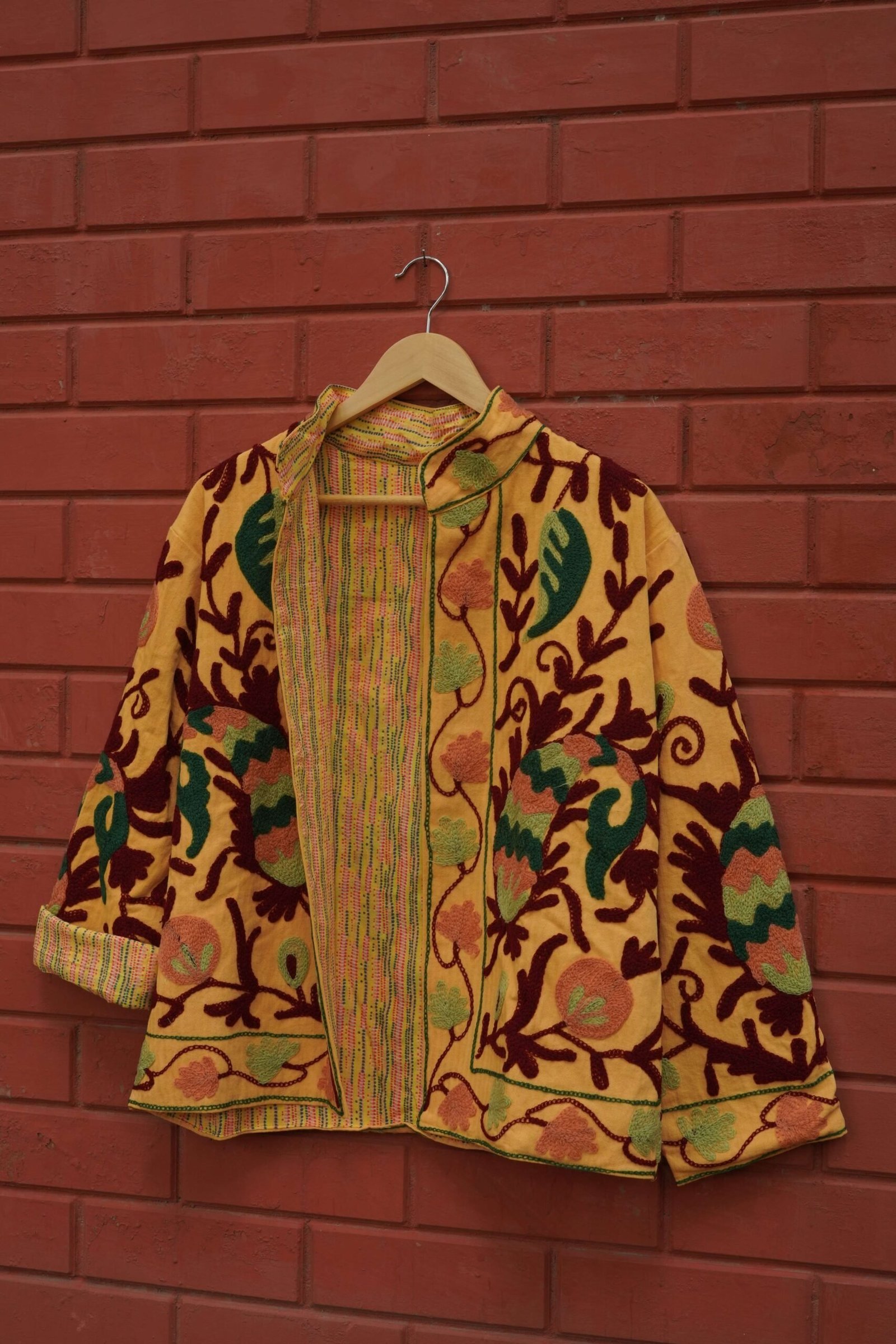 Womens Yellow Velvet Embroidered Jacket with Floral Design