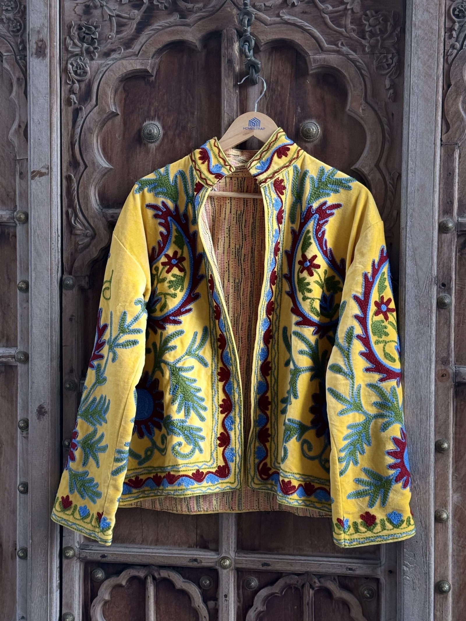 Womens Yellow Velvet Embroidered Jacket with Floral Design