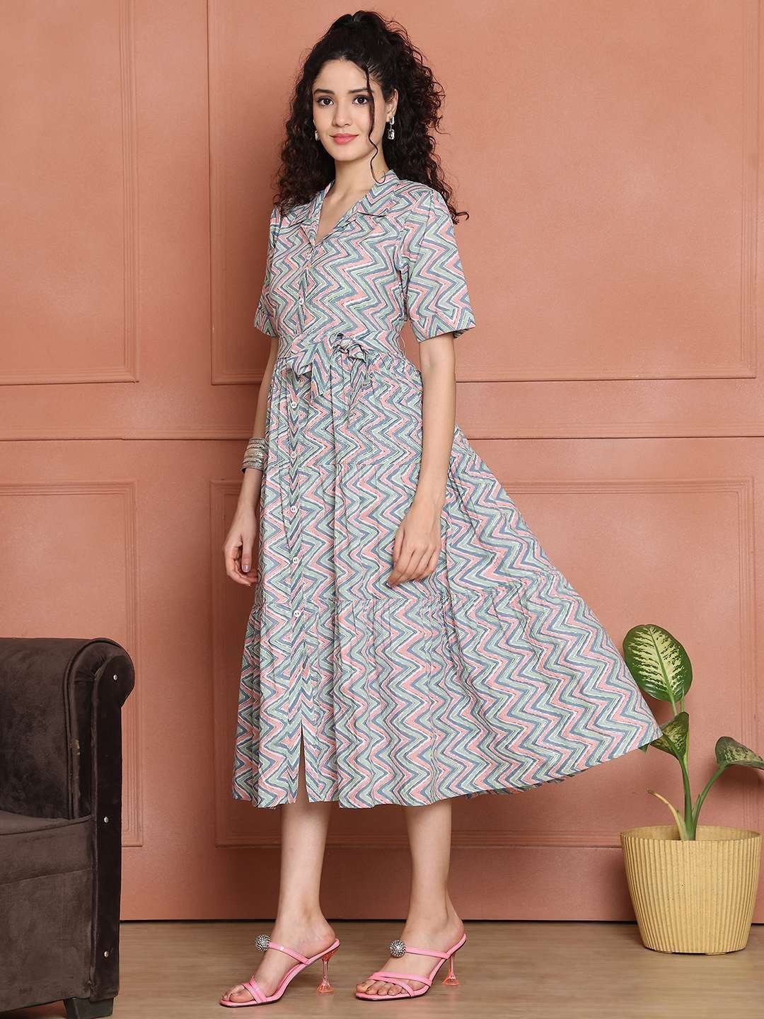 Women’s Cotton Printed A-Line Midi Dress | Short Sleeve Flared Gown Dress (Grey)