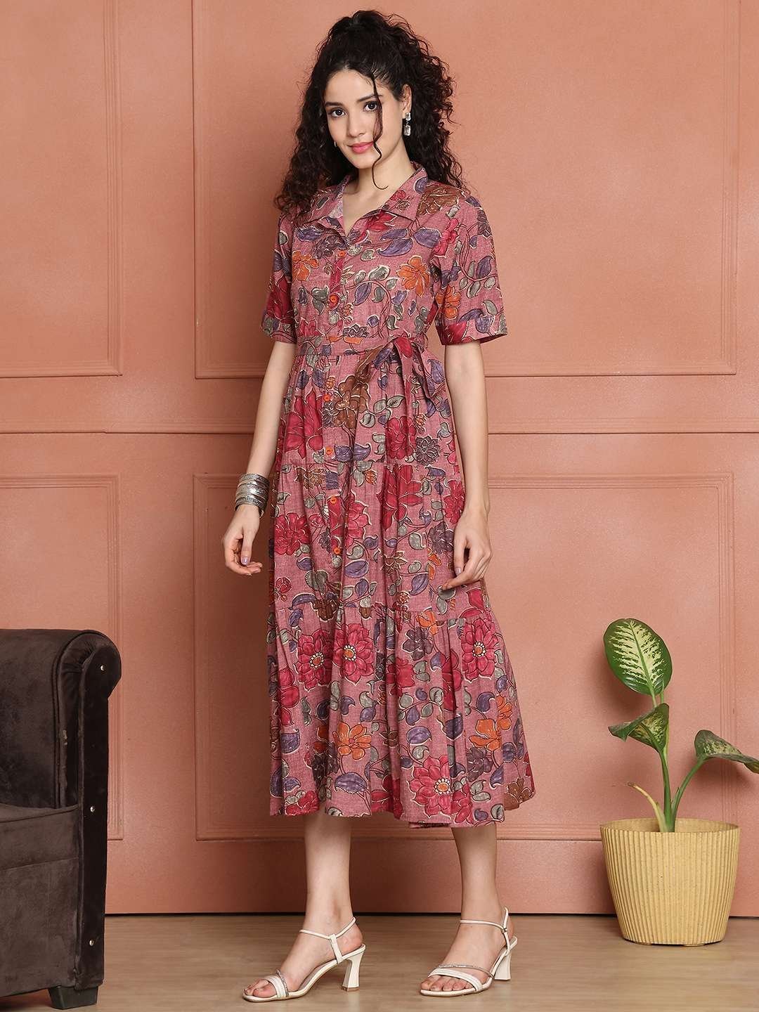 Women’s Cotton Printed A-Line Midi Dress | Short Sleeve Flared Gown Dress (Pink)