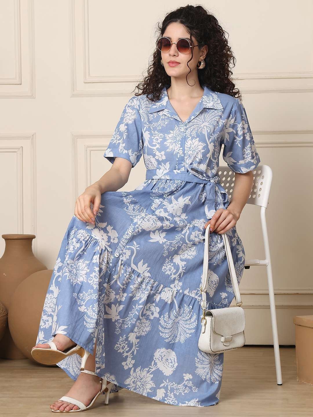 Women’s Cotton Printed A-Line Midi Dress | Short Sleeve Flared Gown Dress (Sky Blue)