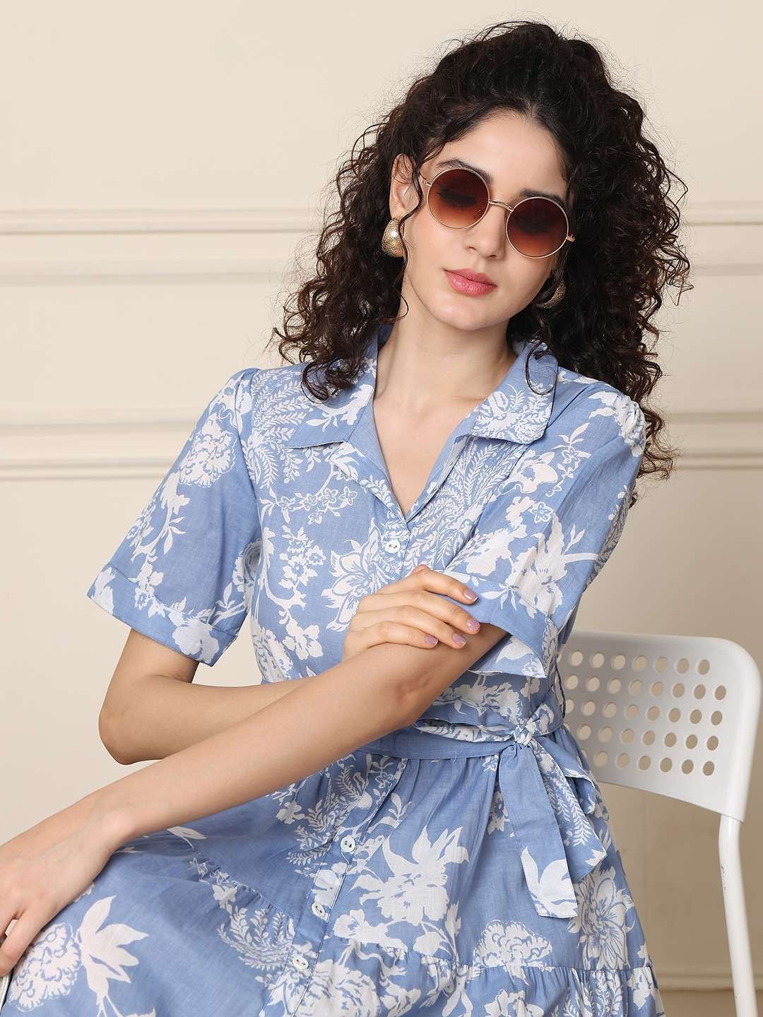 Women’s Cotton Printed A-Line Midi Dress | Short Sleeve Flared Gown Dress (Sky Blue)