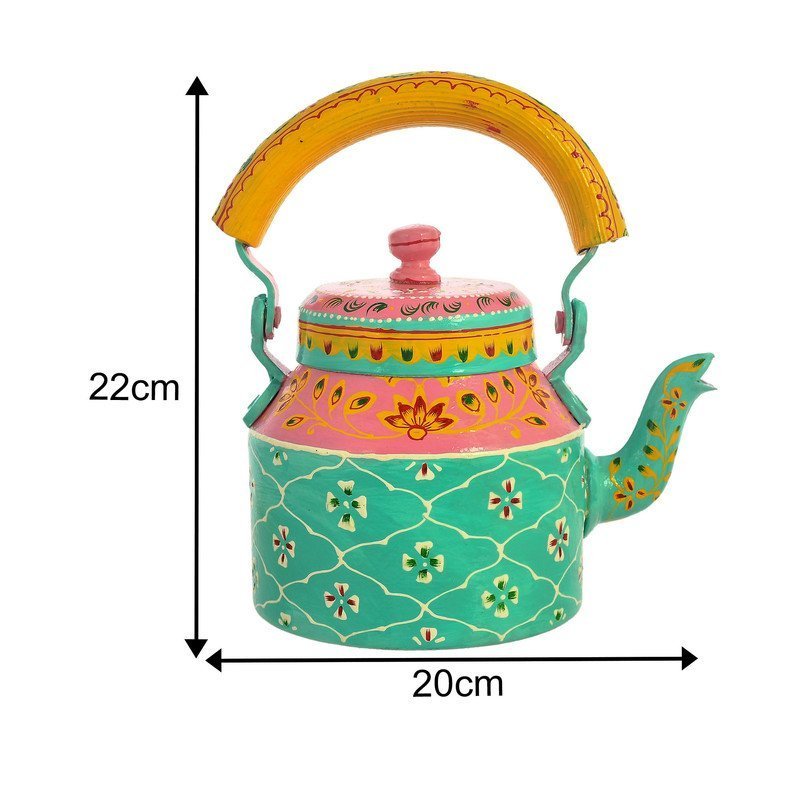 HandPainted Alluminium  Tea Kettle with 6 Glasses and Wooden Tray For Home Décor , Tea Party , Serving
