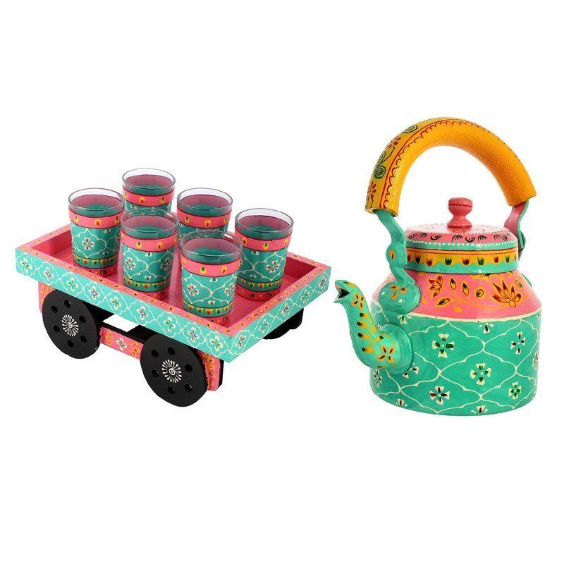 HandPainted Alluminium  Tea Kettle with 6 Glasses and Wooden Tray For Home Décor , Tea Party , Serving