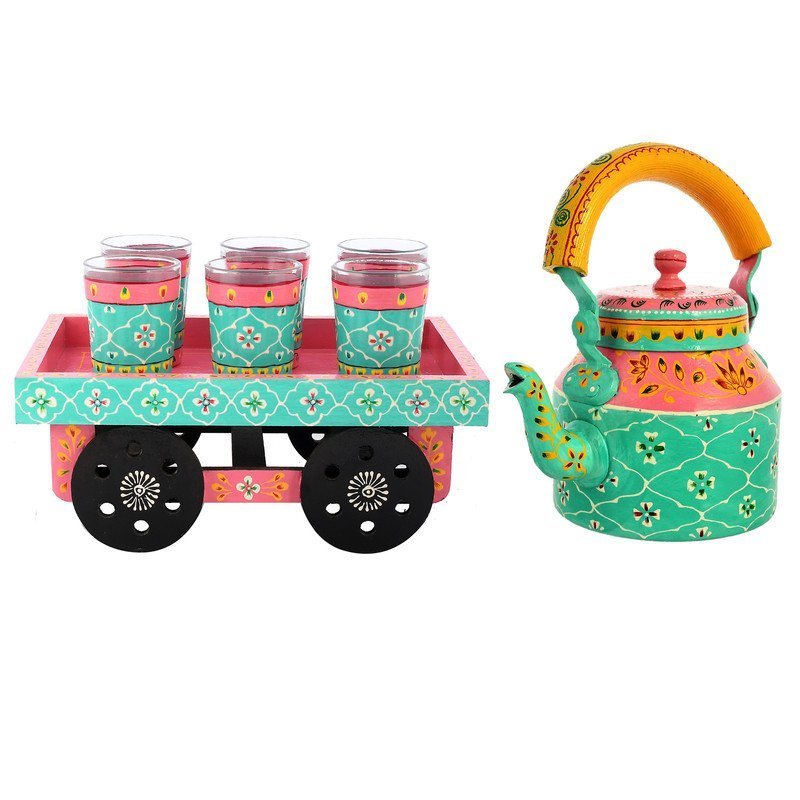 HandPainted Alluminium  Tea Kettle with 6 Glasses and Wooden Tray For Home Décor , Tea Party , Serving