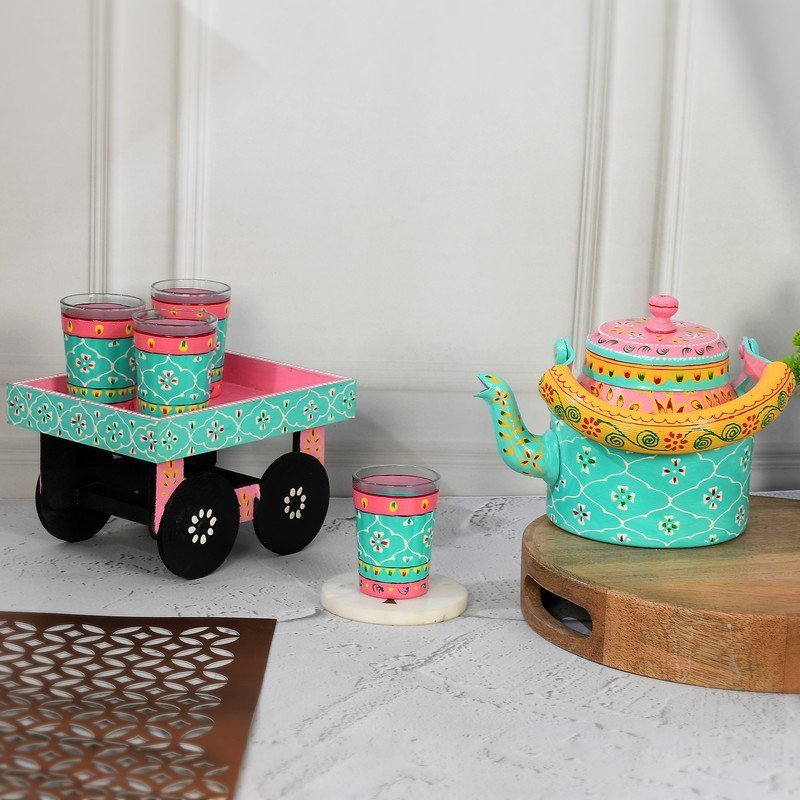 HandPainted Alluminium  Tea Kettle with Four Glasses and Wooden Tray For Home Décor , Tea Party , Serving