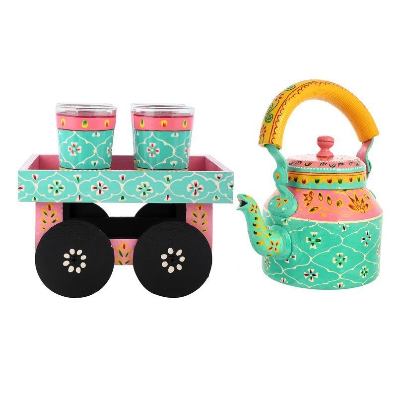HandPainted Alluminium  Tea Kettle with Four Glasses and Wooden Tray For Home Décor , Tea Party , Serving