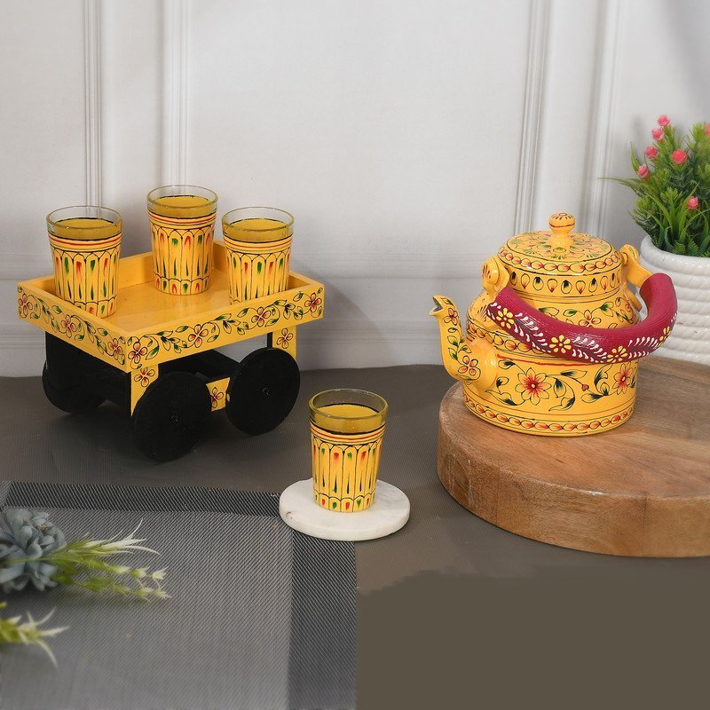 HandPainted Alluminium  Tea Kettle with Four Glasses and Wooden Tray For Home Décor , Tea Party , Serving
