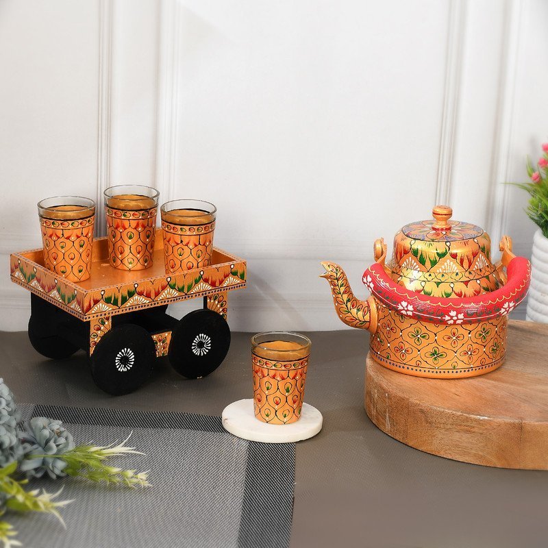 HandPainted Alluminium  Tea Kettle with Four Glasses and Wooden Tray For Home Décor , Tea Party , Serving