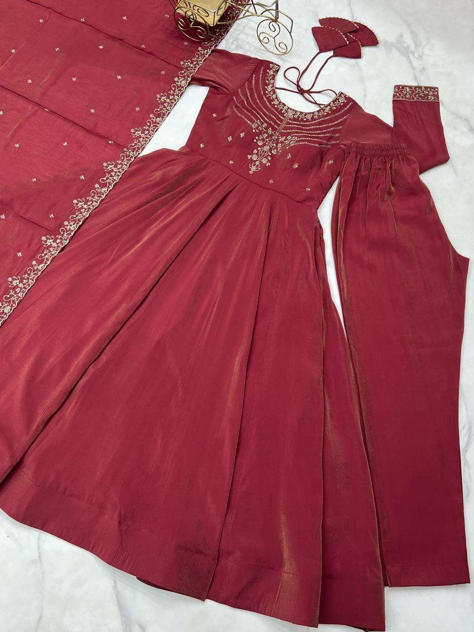 Womens Pure Romansilk Chanderi Embroidered Anarkali Kurti With Dupatta & Pant Set