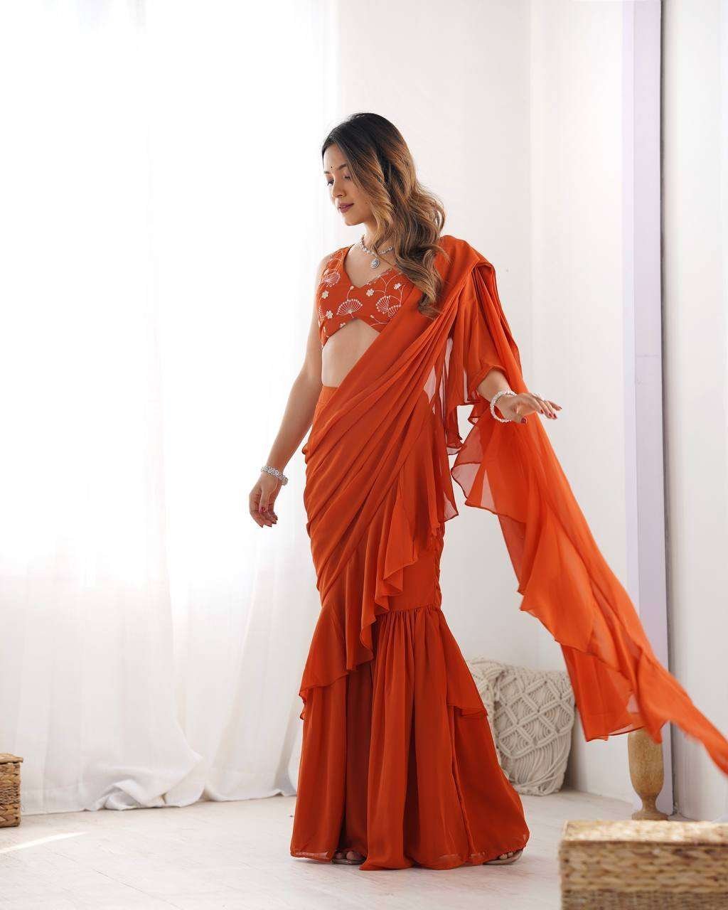 Women’s Pure Romansilk Chanderi Embroidered Crop Top With Ruffled Sharara & Draped Dupatta Set