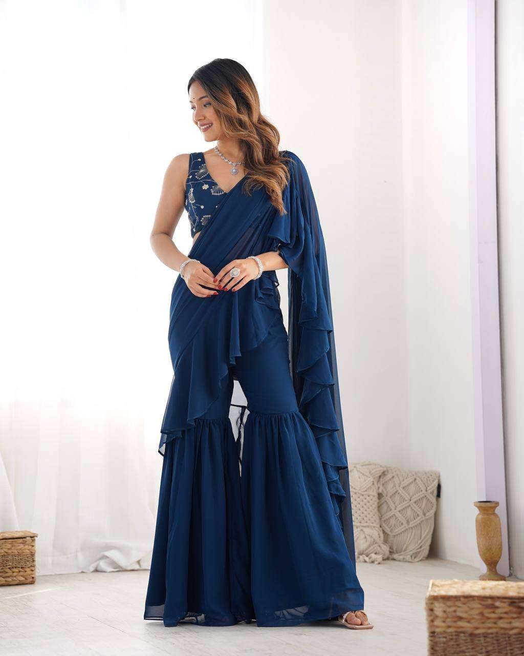 Women’s Pure Romansilk Chanderi Embroidered Crop Top With Ruffled Sharara & Draped Dupatta Set