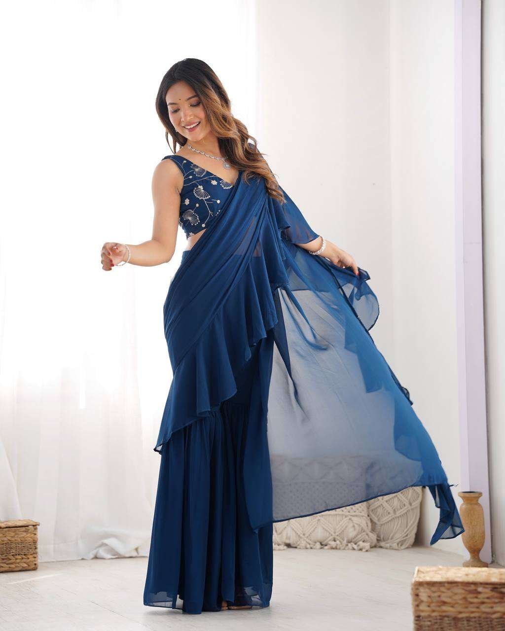 Women’s Pure Romansilk Chanderi Embroidered Crop Top With Ruffled Sharara & Draped Dupatta Set