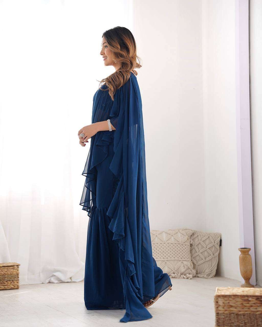 Women’s Pure Romansilk Chanderi Embroidered Crop Top With Ruffled Sharara & Draped Dupatta Set