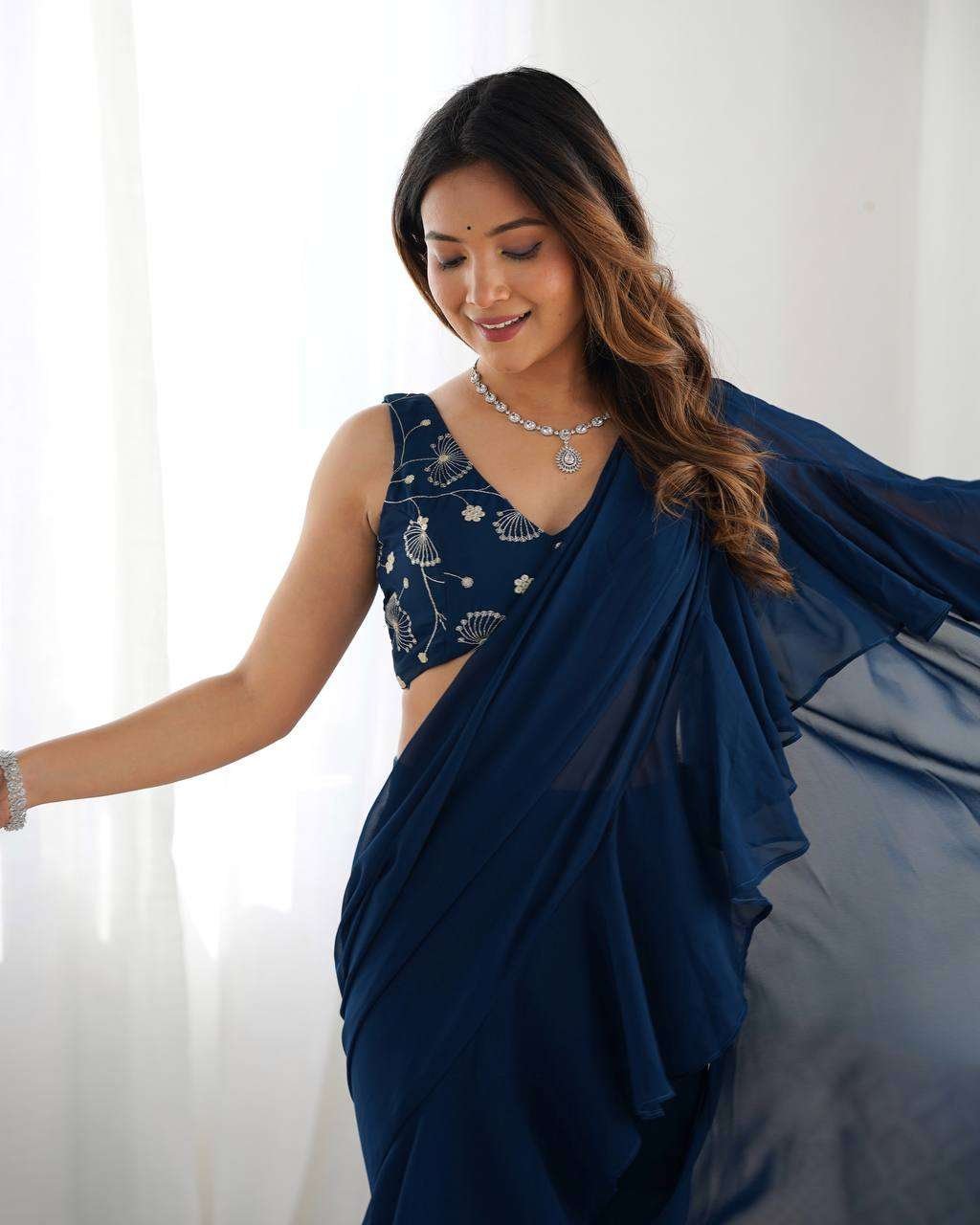 Women’s Pure Romansilk Chanderi Embroidered Crop Top With Ruffled Sharara & Draped Dupatta Set