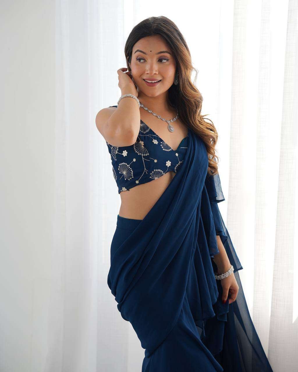 Women’s Pure Romansilk Chanderi Embroidered Crop Top With Ruffled Sharara & Draped Dupatta Set