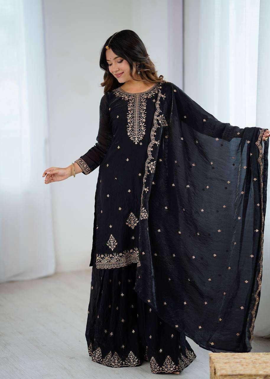 Women’s Pure Romansilk Chanderi Embroidered Kurti With Sharara & Dupatta Set