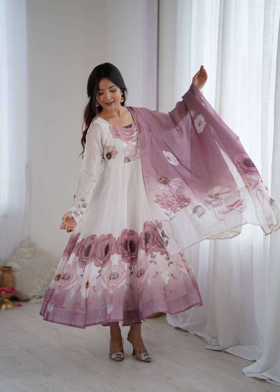 Womens Pure Romansilk Chanderi Floral Printed Anarkali Kurti With Dupatta & Pant Set
