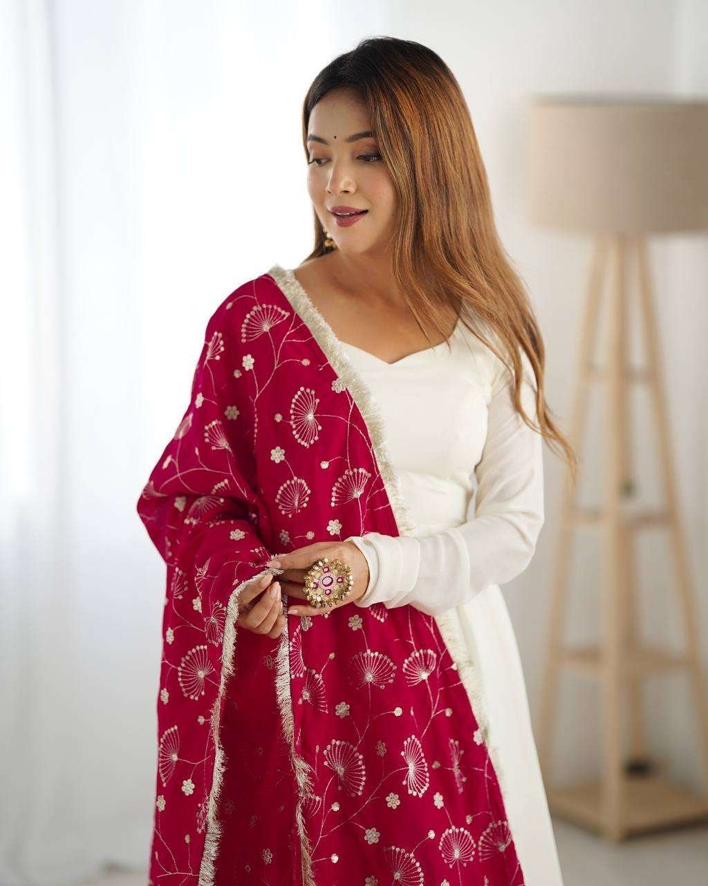 Womens Pure Romansilk Chanderi Plain Anarkali Kurti With Dupatta & Pant Set