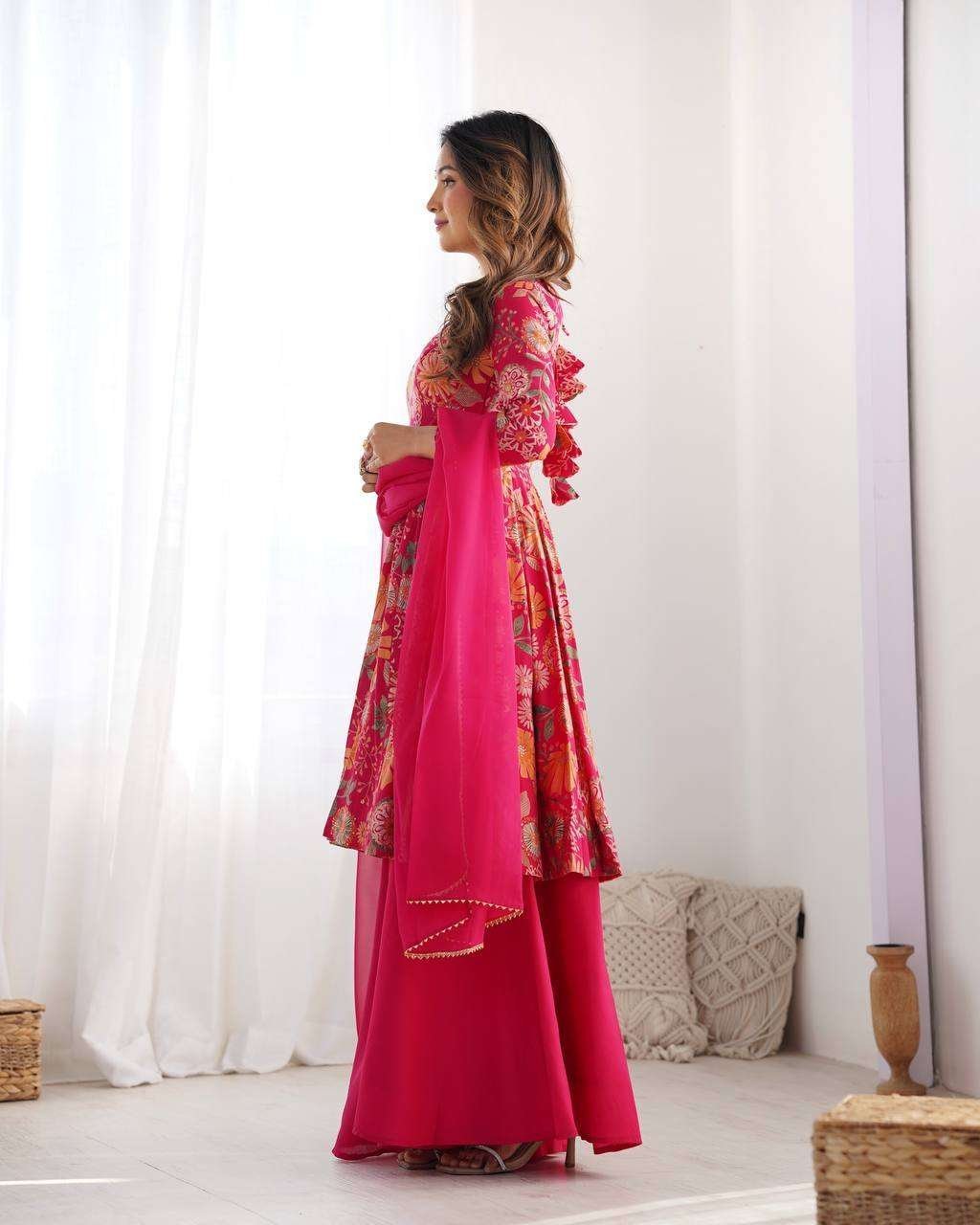 Women’s Pure Romansilk Chanderi Printed Anarkali Kurti With Palazzo & Dupatta Set