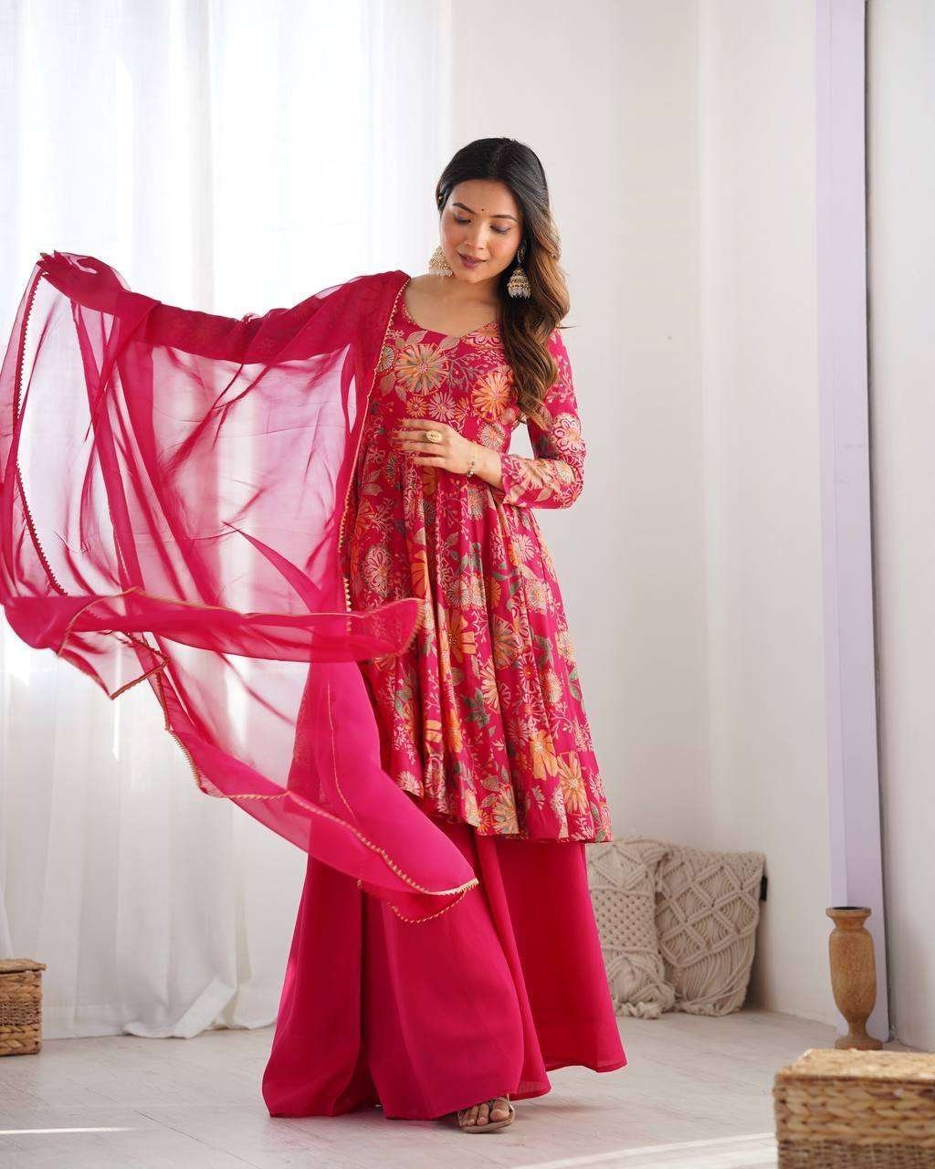 Women’s Pure Romansilk Chanderi Printed Anarkali Kurti With Palazzo & Dupatta Set