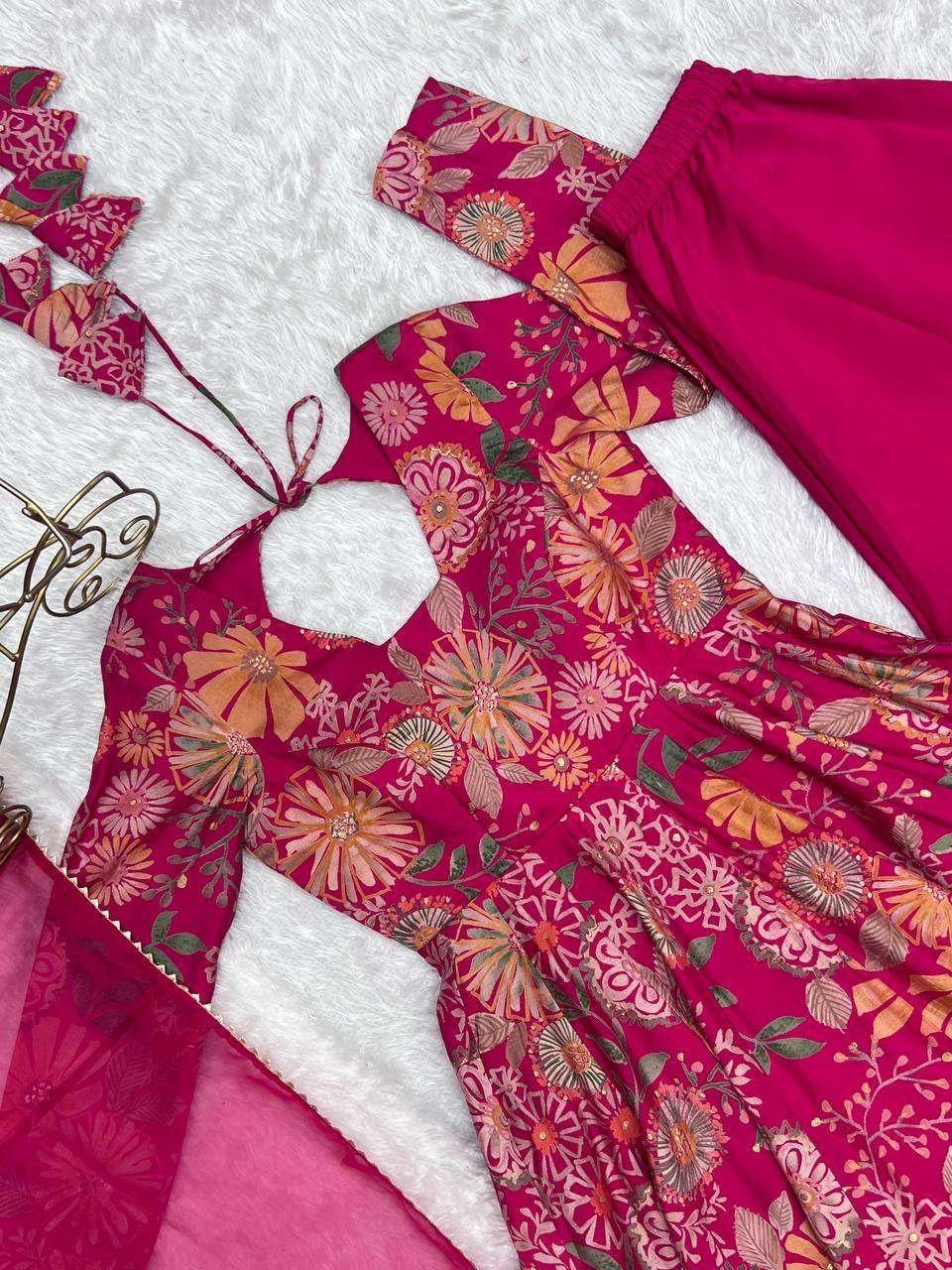 Women’s Pure Romansilk Chanderi Printed Anarkali Kurti With Palazzo & Dupatta Set