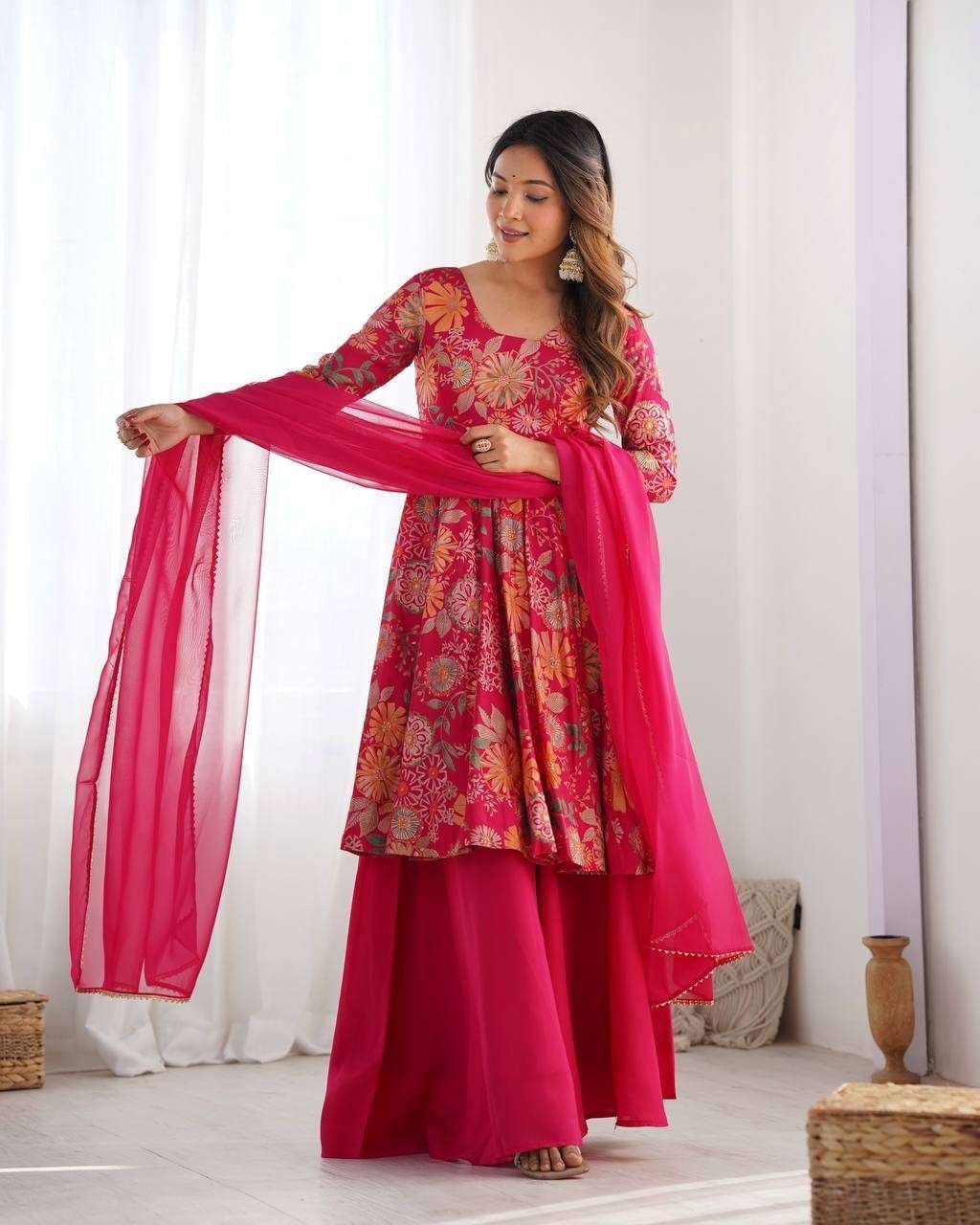 Women’s Pure Romansilk Chanderi Printed Anarkali Kurti With Palazzo & Dupatta Set