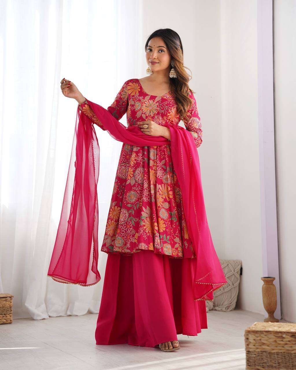Women’s Pure Romansilk Chanderi Printed Anarkali Kurti With Palazzo & Dupatta Set
