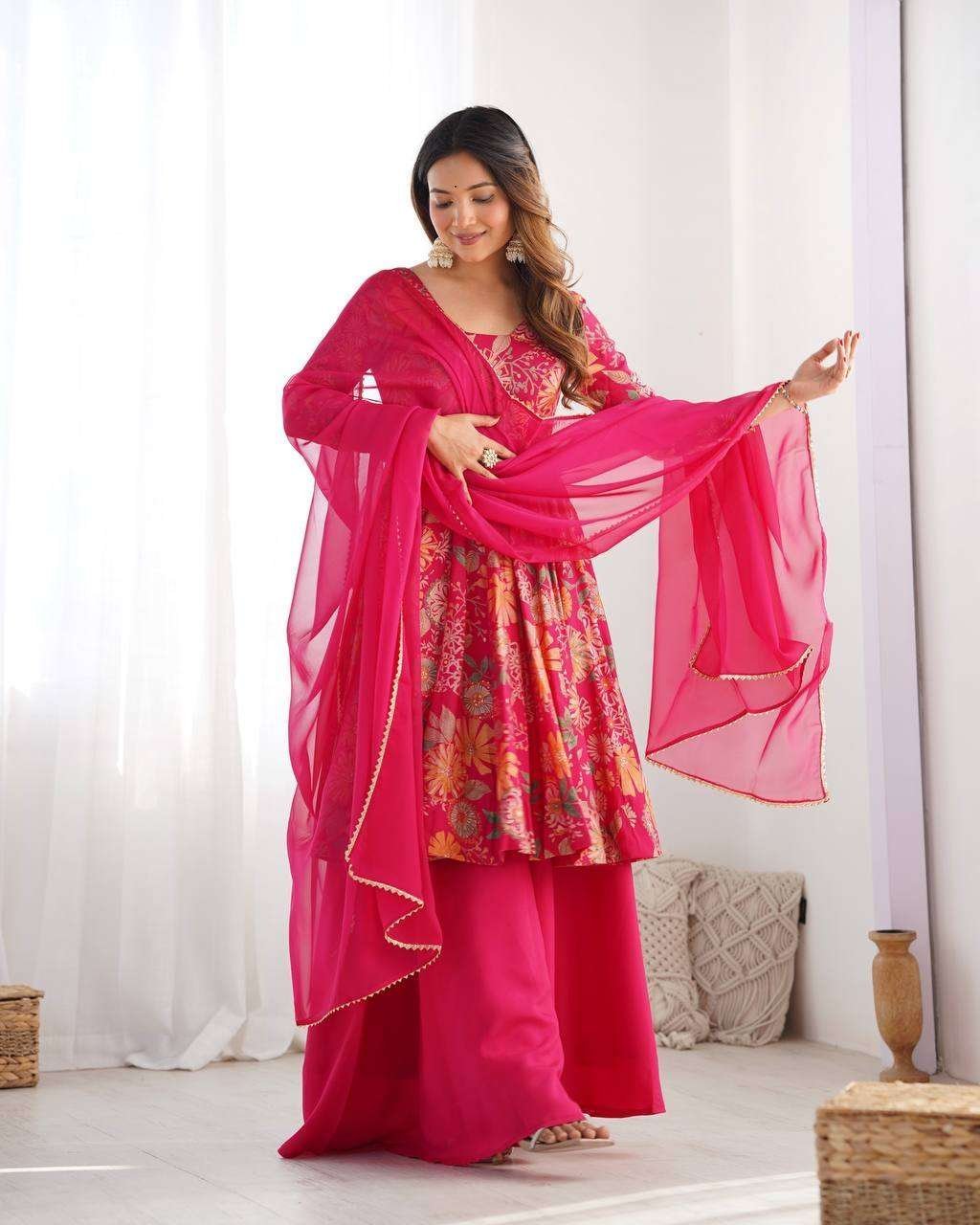 Women’s Pure Romansilk Chanderi Printed Anarkali Kurti With Palazzo & Dupatta Set