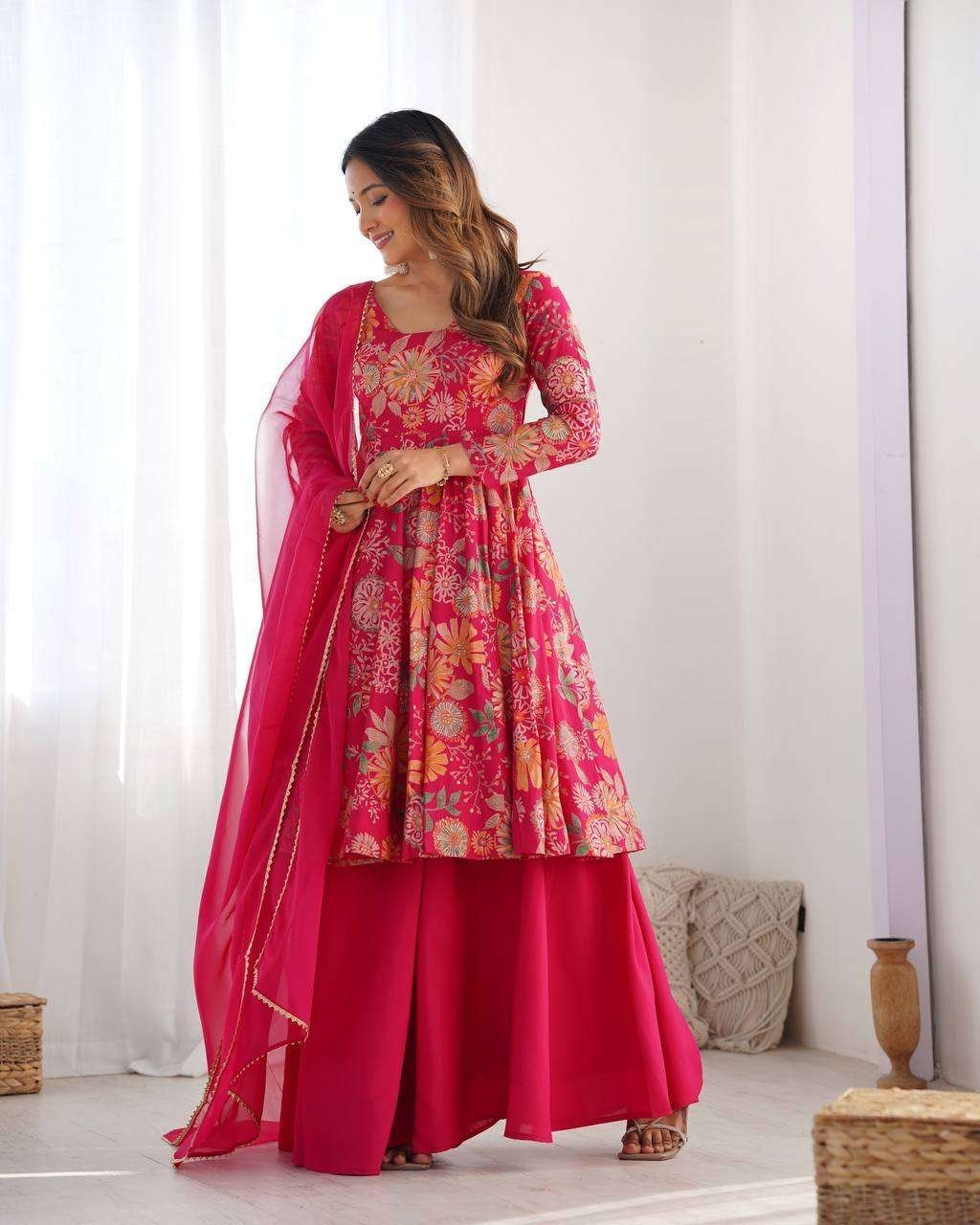 Women’s Pure Romansilk Chanderi Printed Anarkali Kurti With Palazzo & Dupatta Set