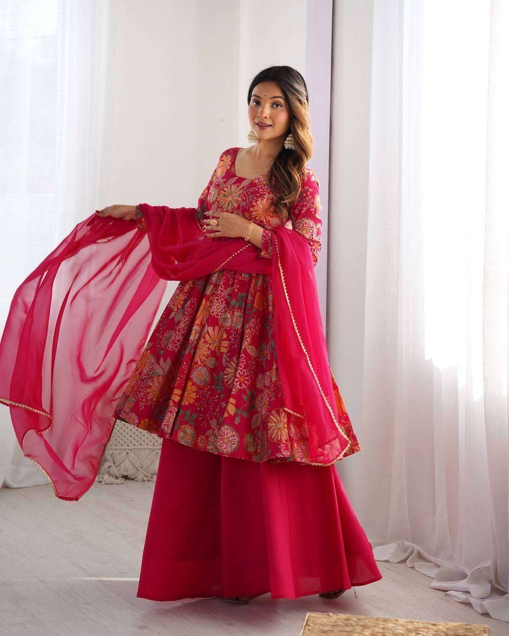 Women’s Pure Romansilk Chanderi Printed Anarkali Kurti With Palazzo & Dupatta Set