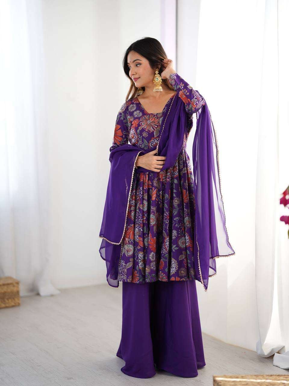 Women’s Pure Romansilk Chanderi Printed Anarkali Kurti With Palazzo & Dupatta Set