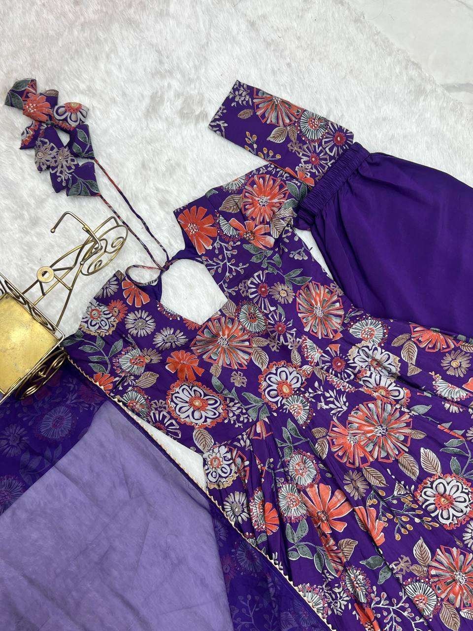 Women’s Pure Romansilk Chanderi Printed Anarkali Kurti With Palazzo & Dupatta Set