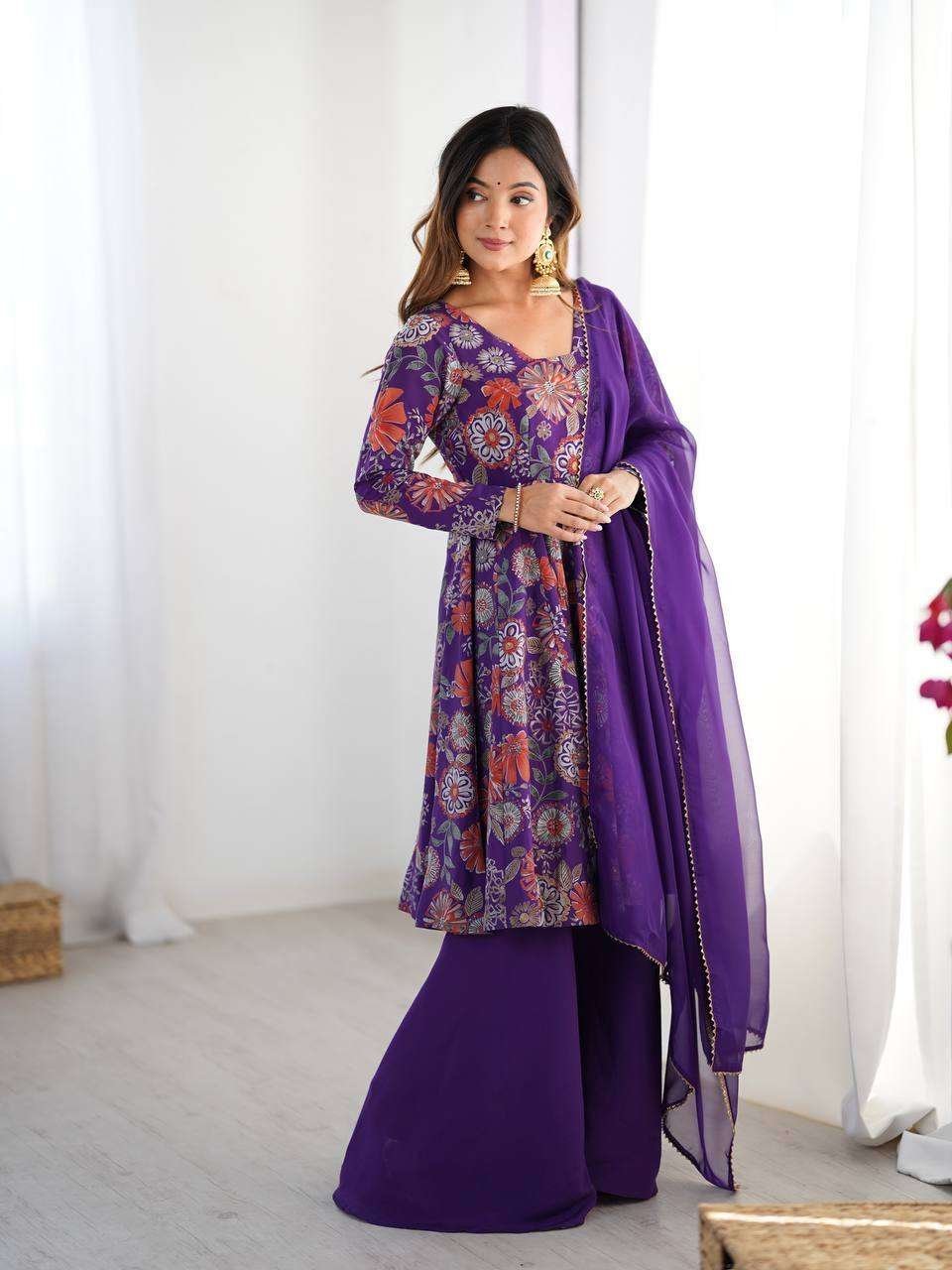 Women’s Pure Romansilk Chanderi Printed Anarkali Kurti With Palazzo & Dupatta Set