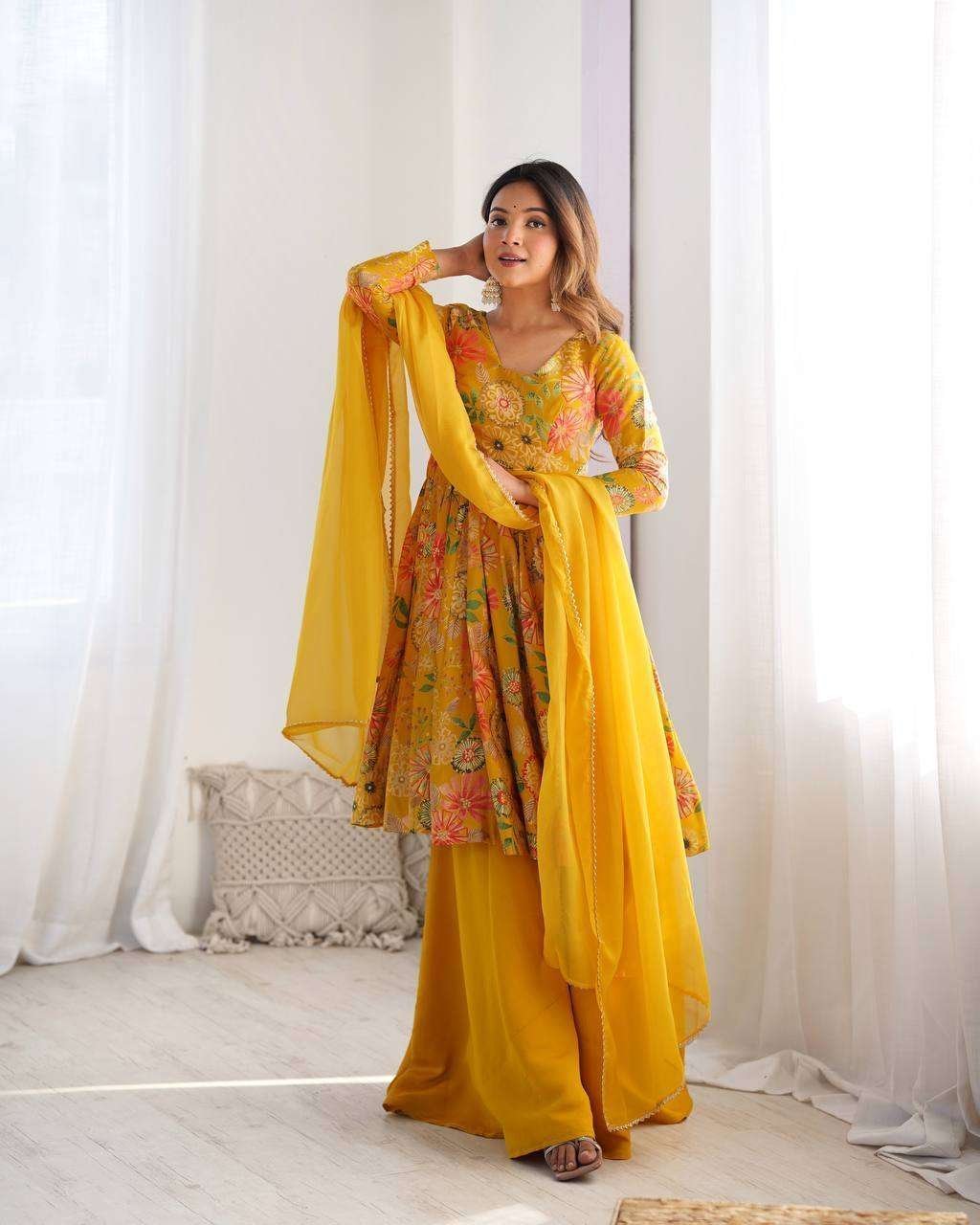 Women’s Pure Romansilk Chanderi Printed Anarkali Kurti With Palazzo & Dupatta Set