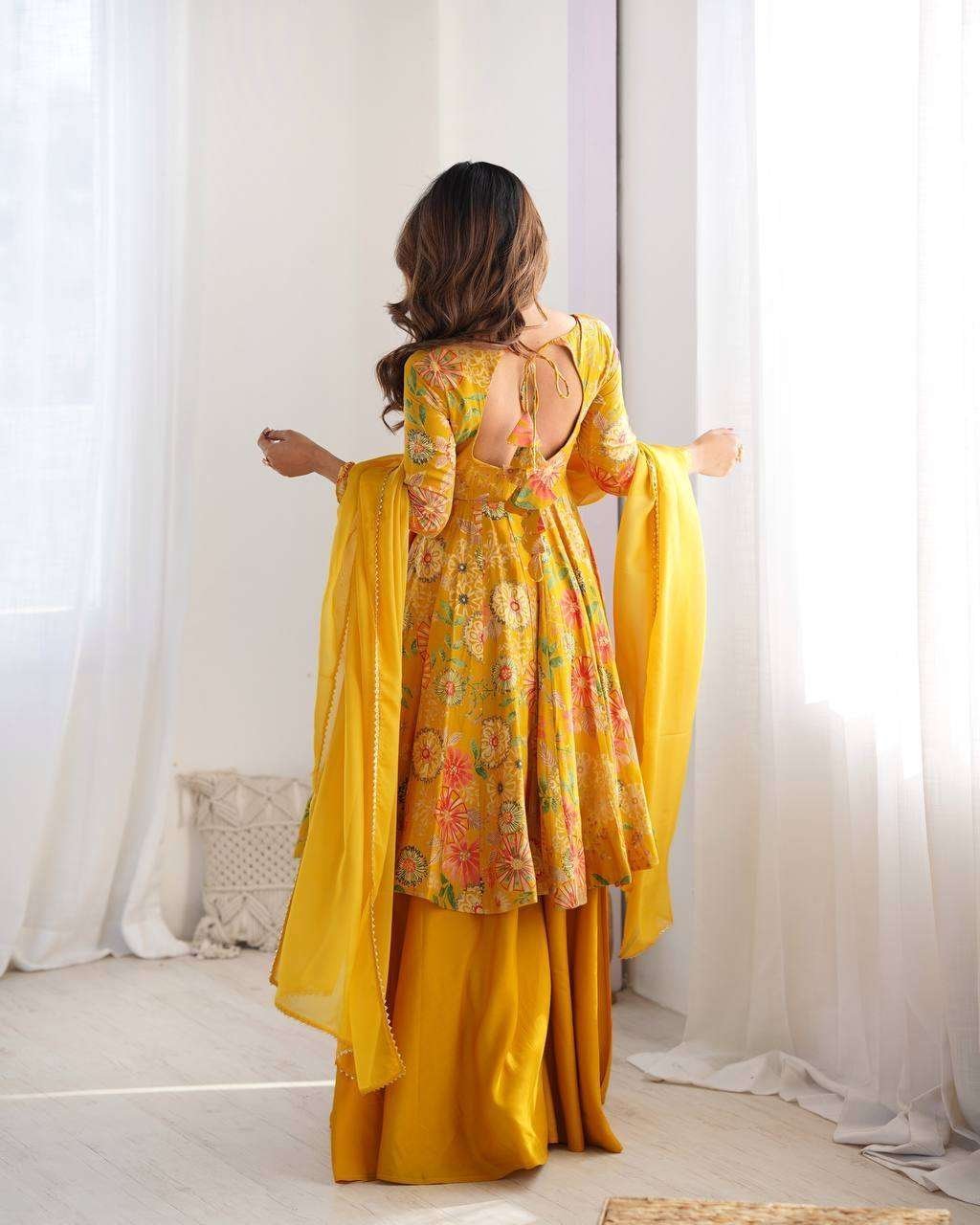 Women’s Pure Romansilk Chanderi Printed Anarkali Kurti With Palazzo & Dupatta Set