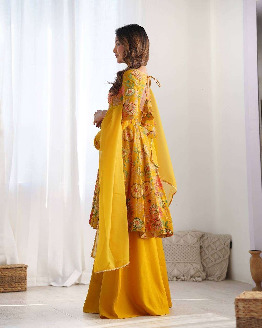 Women’s Pure Romansilk Chanderi Printed Anarkali Kurti With Palazzo & Dupatta Set