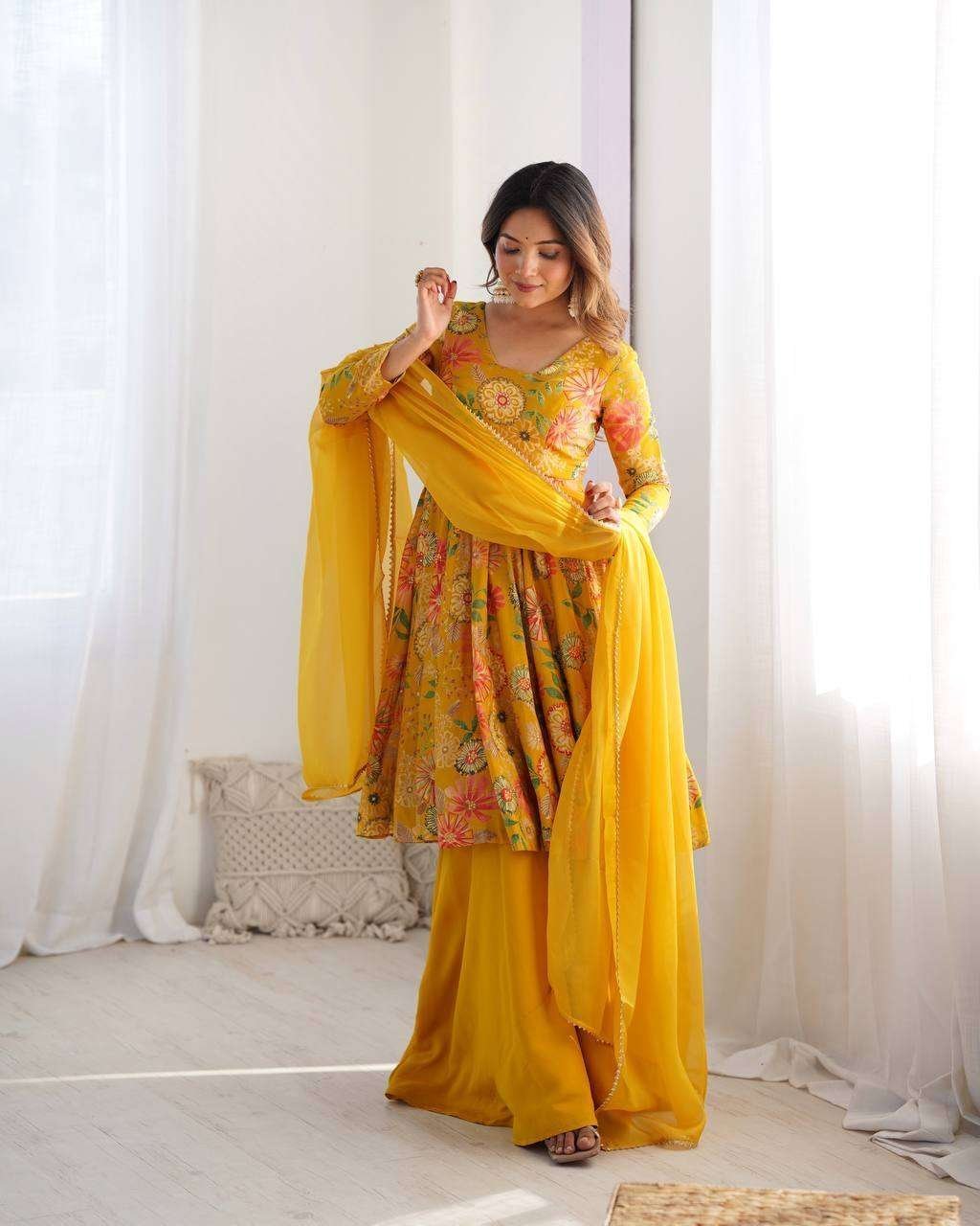 Women’s Pure Romansilk Chanderi Printed Anarkali Kurti With Palazzo & Dupatta Set