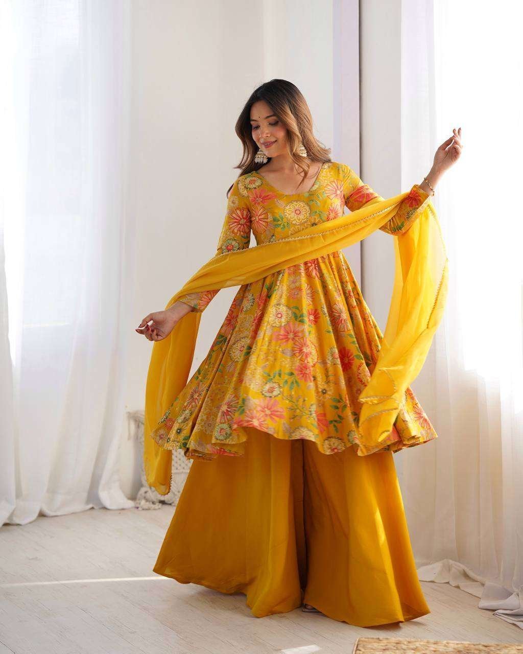 Women’s Pure Romansilk Chanderi Printed Anarkali Kurti With Palazzo & Dupatta Set