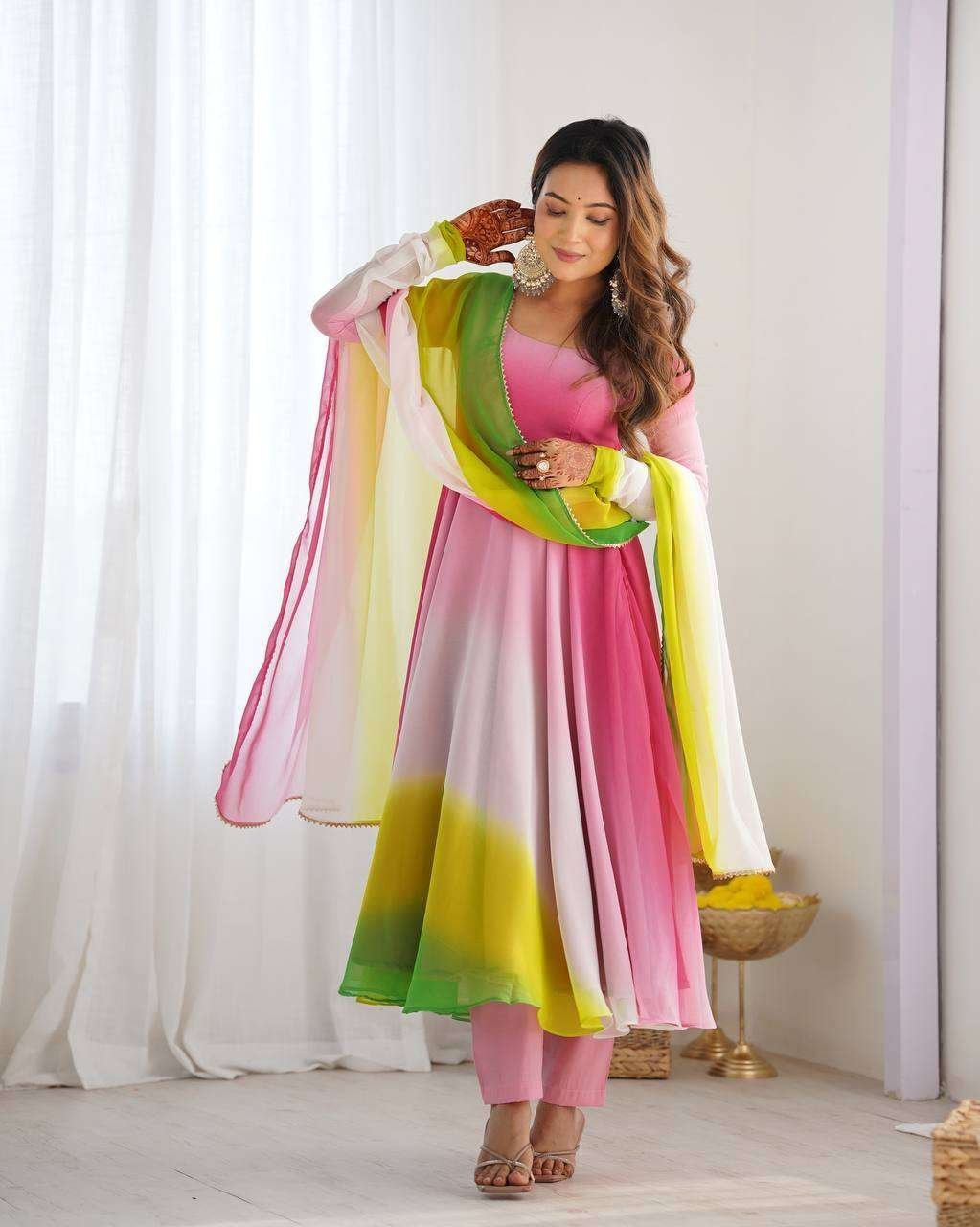 Women’s Pure Romansilk Chanderi Tie-Dye Anarkali Kurti Pant With Dupatta Set