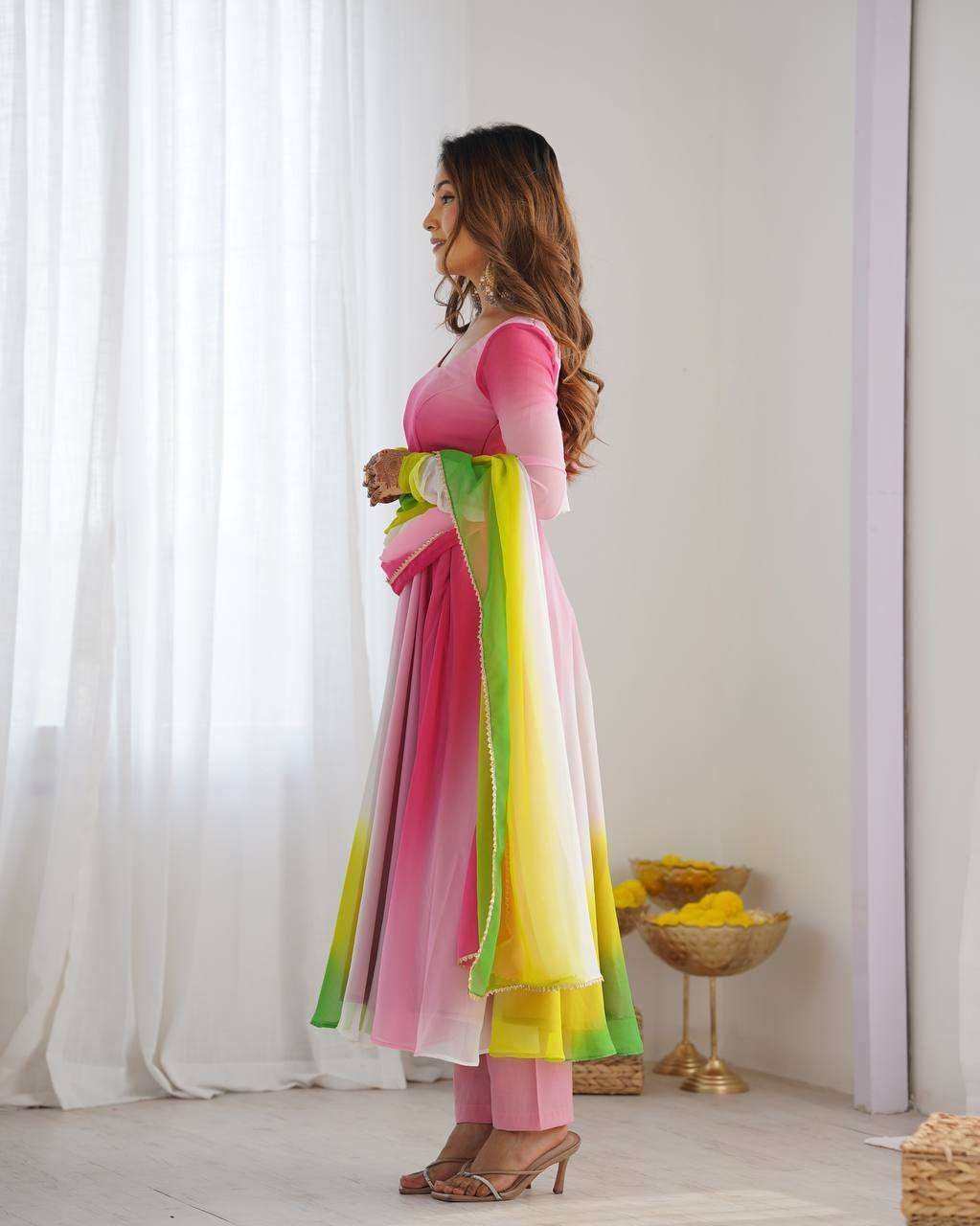 Women’s Pure Romansilk Chanderi Tie-Dye Anarkali Kurti Pant With Dupatta Set