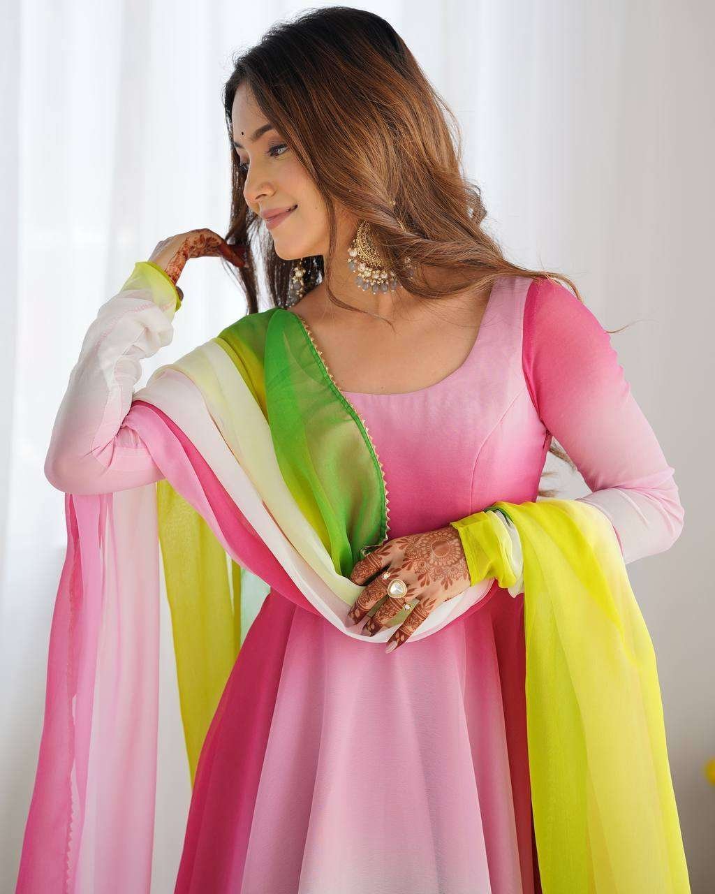 Women’s Pure Romansilk Chanderi Tie-Dye Anarkali Kurti Pant With Dupatta Set